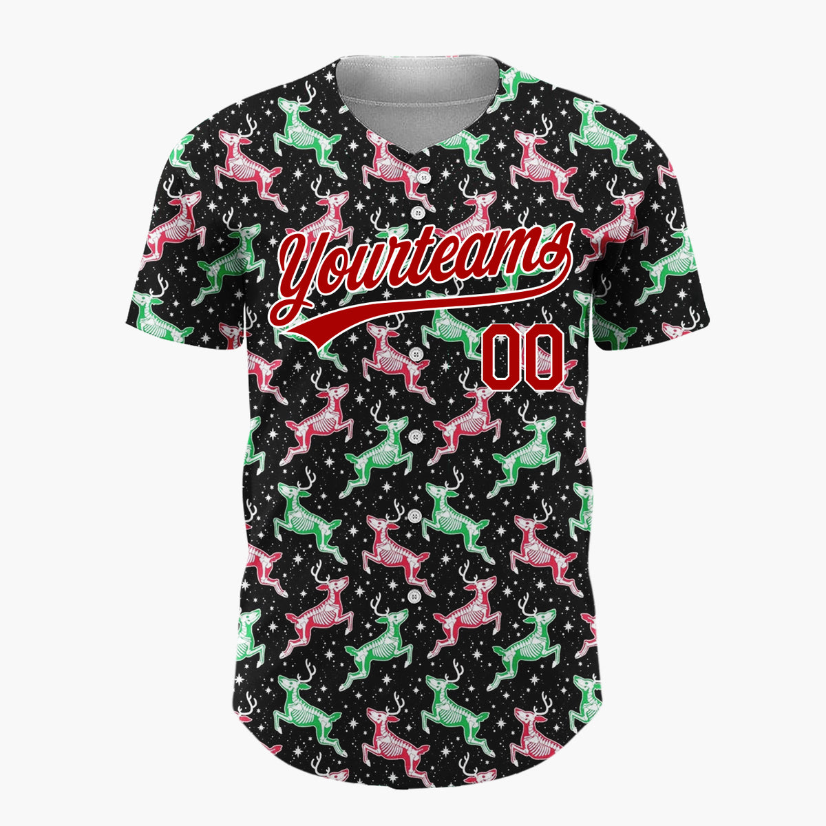 Custom Black Reindeer Pink Green Cartoon Pattern Christmas Baseball Jersey