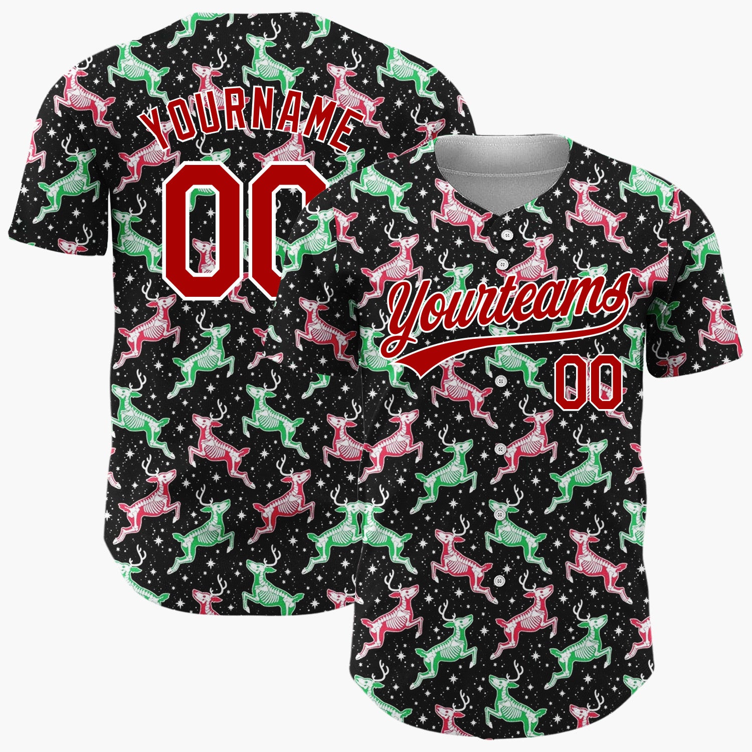 Custom Black Reindeer Pink Green Cartoon Pattern Christmas Baseball Jersey