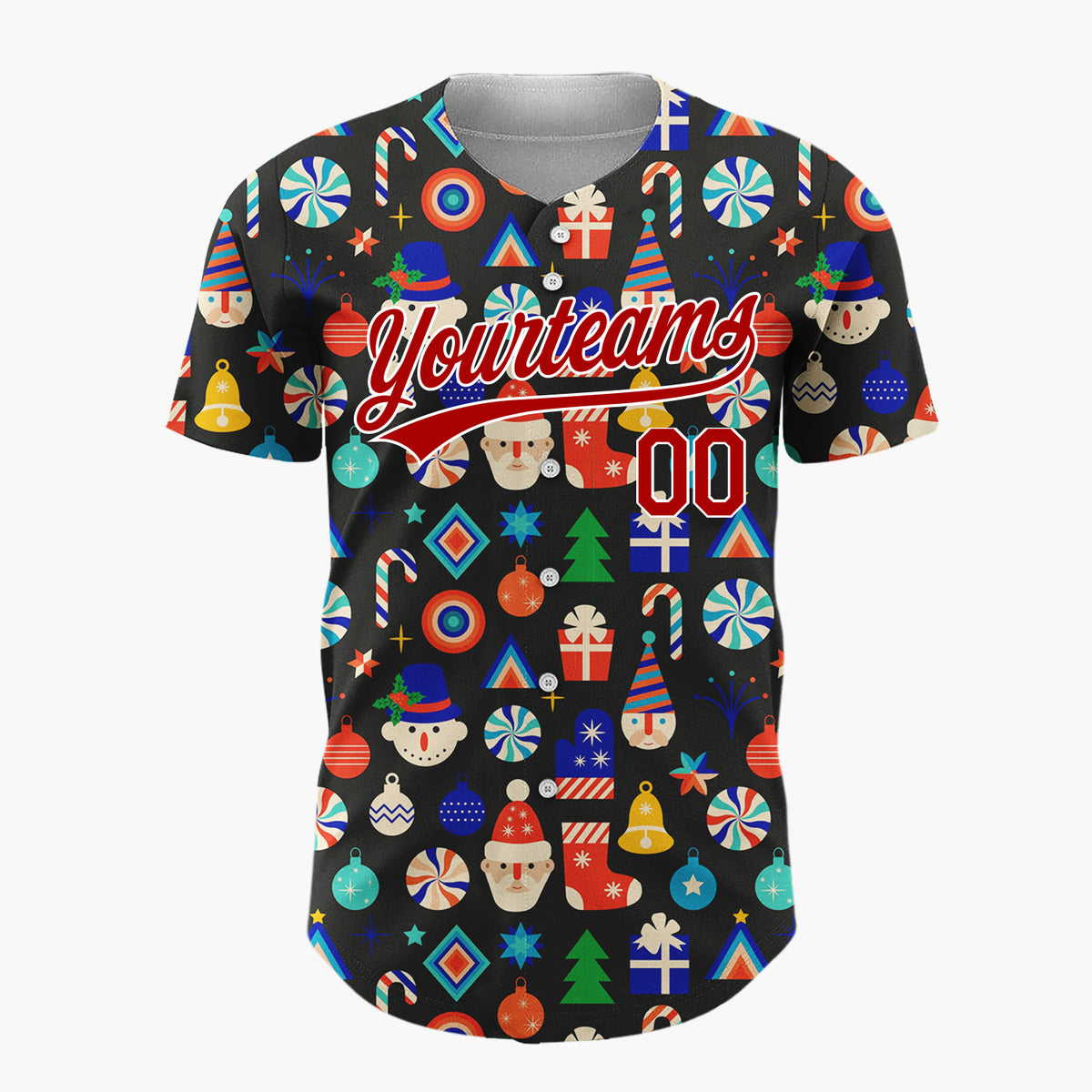 Custom Black Multicolor Snowman Santa Ornaments Geometric Pattern Christmas Baseball Jersey