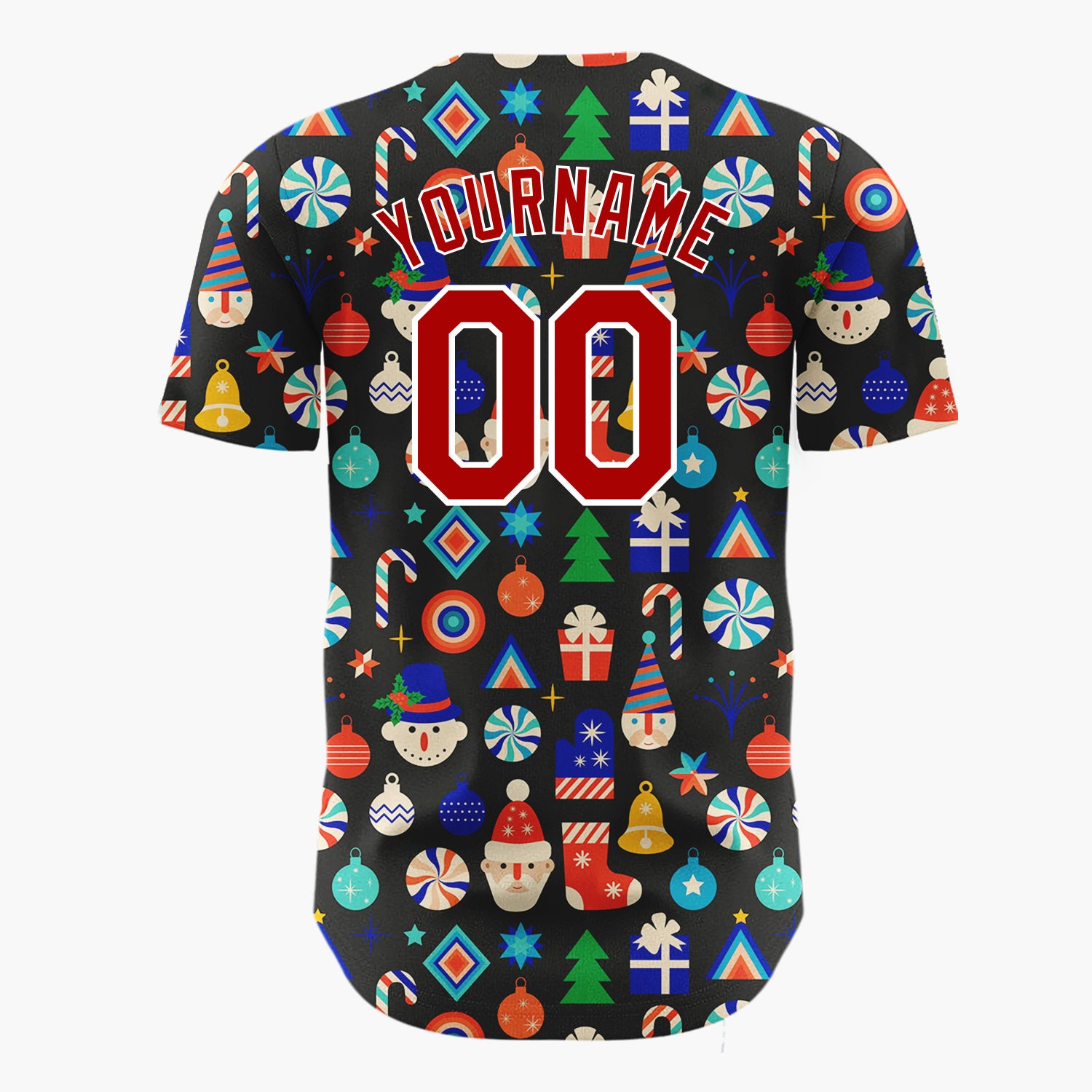 Custom Black Multicolor Snowman Santa Ornaments Geometric Pattern Christmas Baseball Jersey