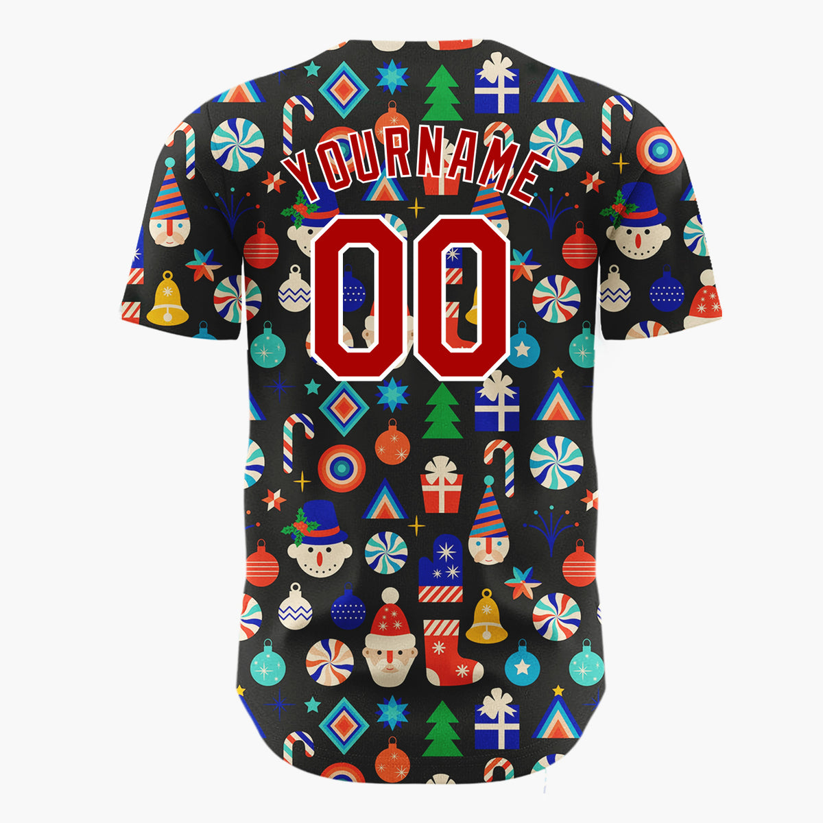 Custom Black Multicolor Snowman Santa Ornaments Geometric Pattern Christmas Baseball Jersey