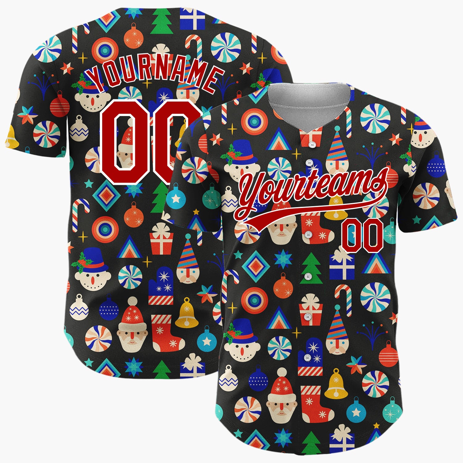 Custom Black Multicolor Snowman Santa Ornaments Geometric Pattern Christmas Baseball Jersey