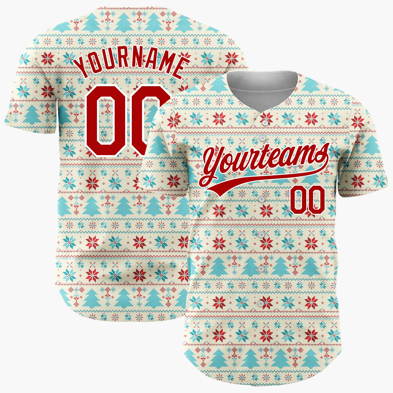 Custom Cream Snowflakes And Christmas Trees Nordic Fair Isle Christmas Baseball Jersey