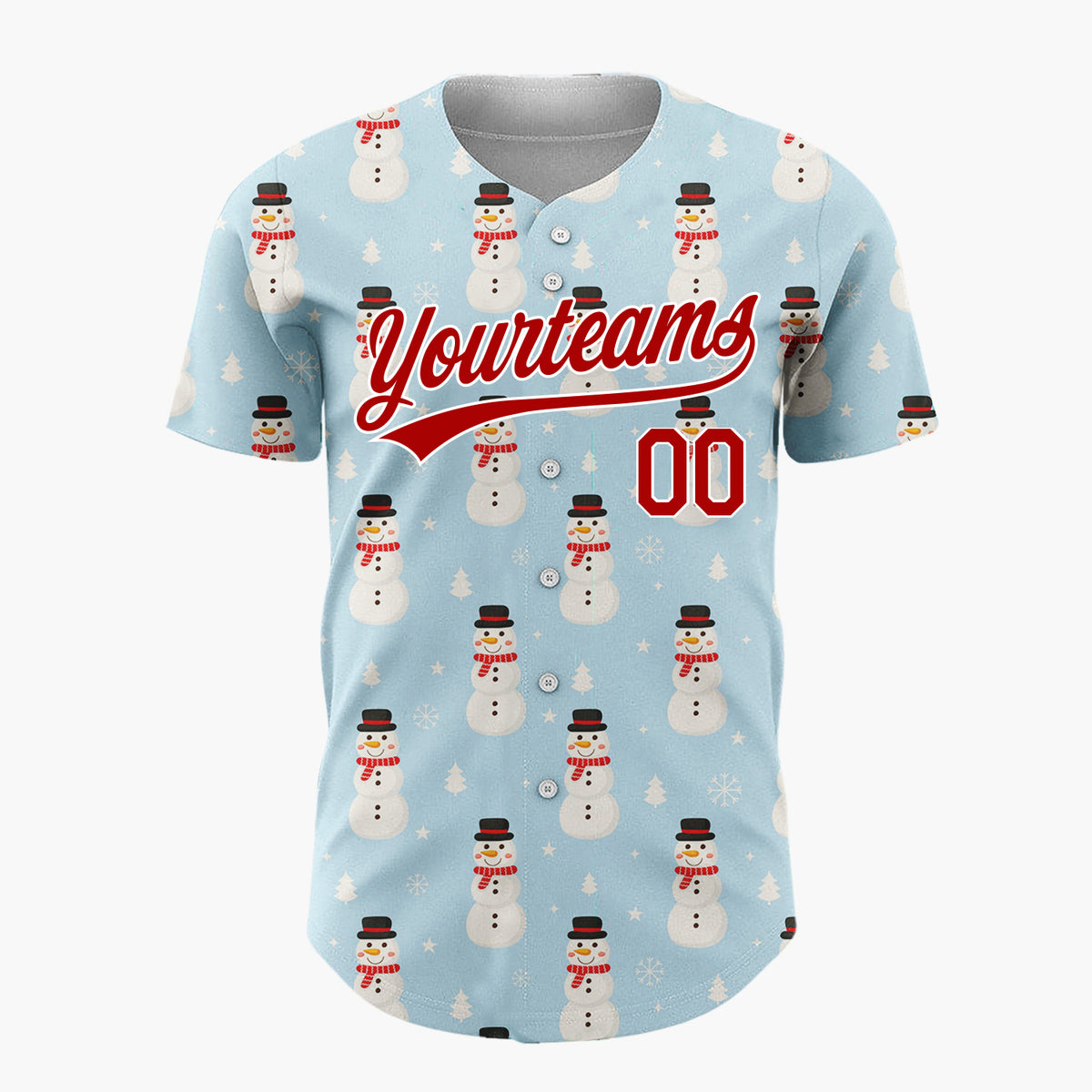 Custom Blue White Snowmen And Trees Simple Cartoon Pattern Christmas Baseball Jersey