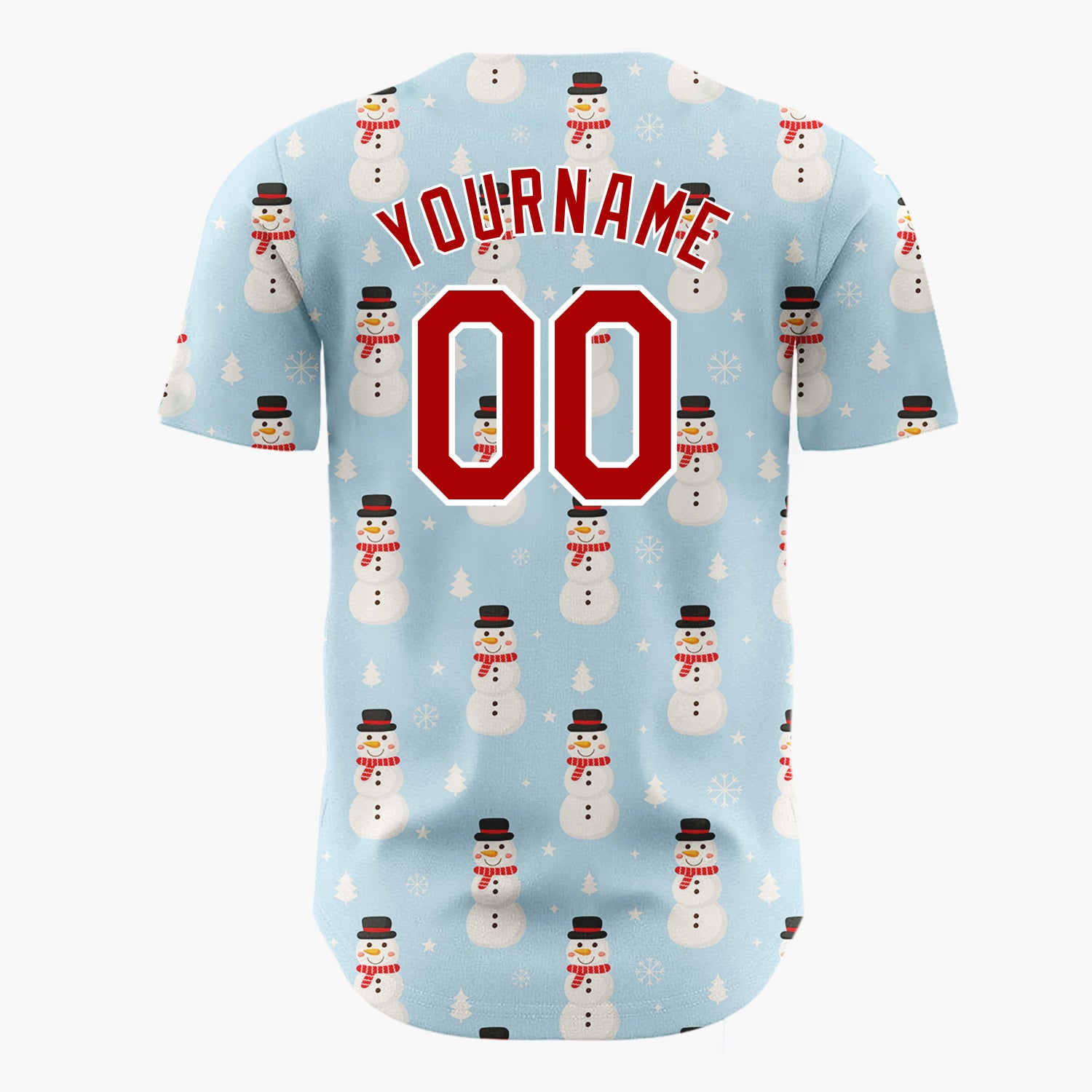 Custom Blue White Snowmen And Trees Simple Cartoon Pattern Christmas Baseball Jersey