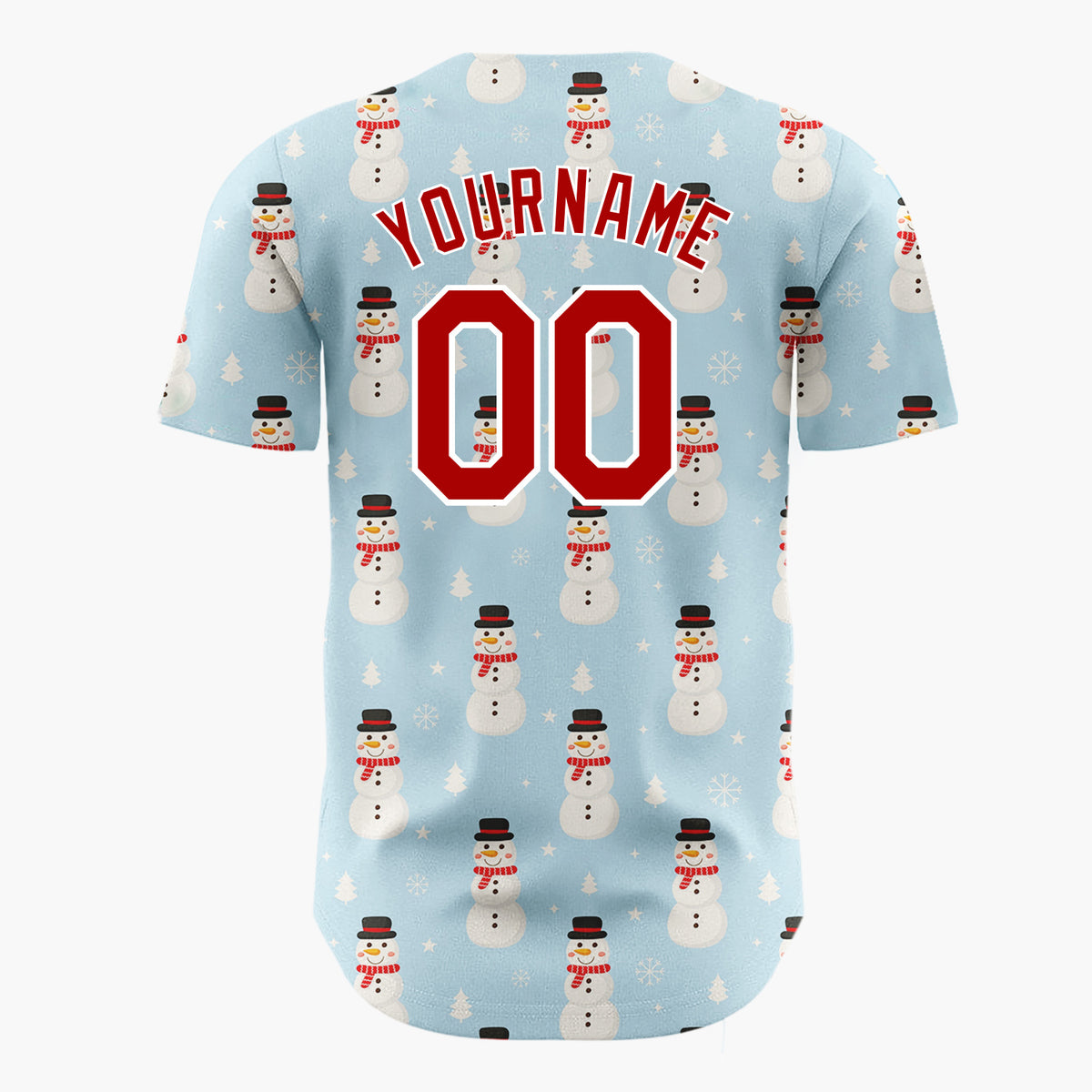 Custom Blue White Snowmen And Trees Simple Cartoon Pattern Christmas Baseball Jersey