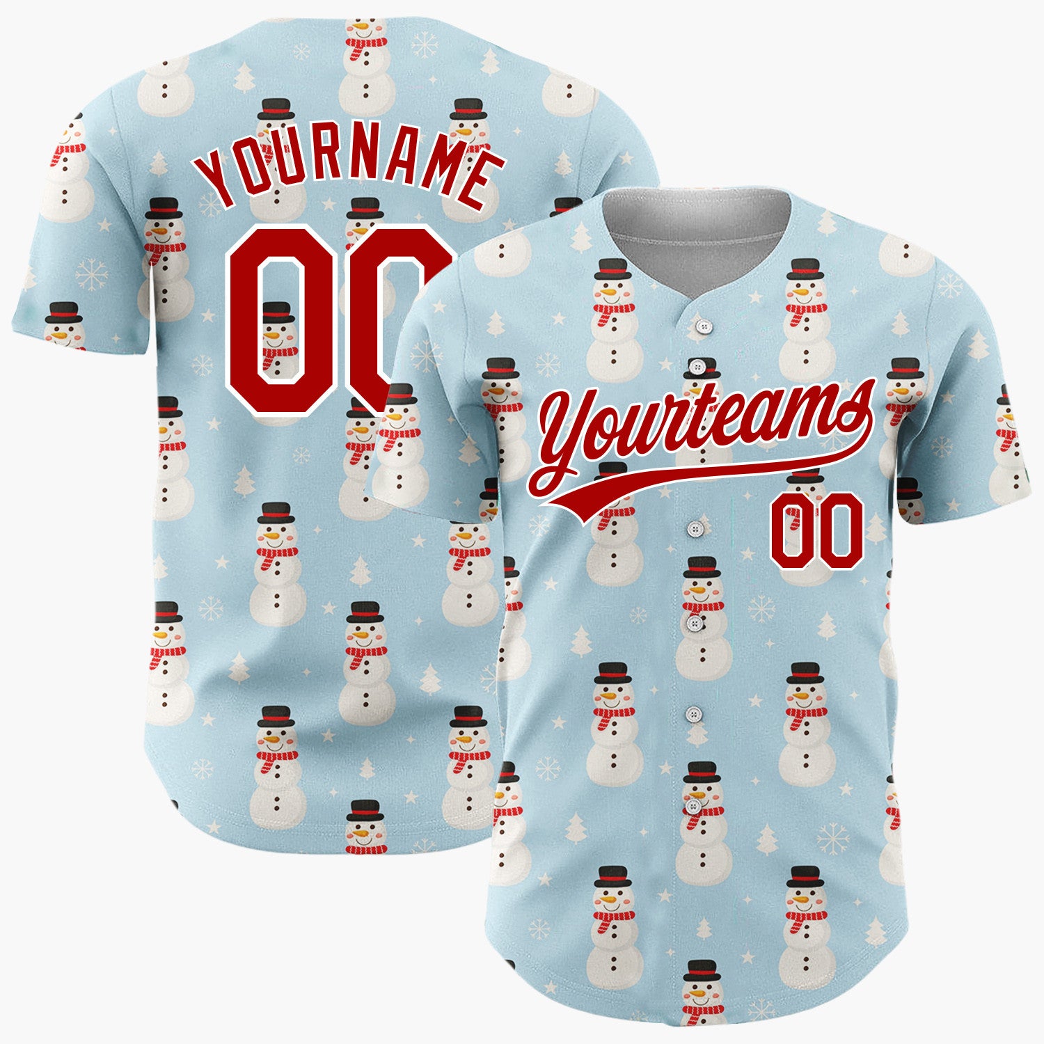Custom Blue White Snowmen And Trees Simple Cartoon Pattern Christmas Baseball Jersey