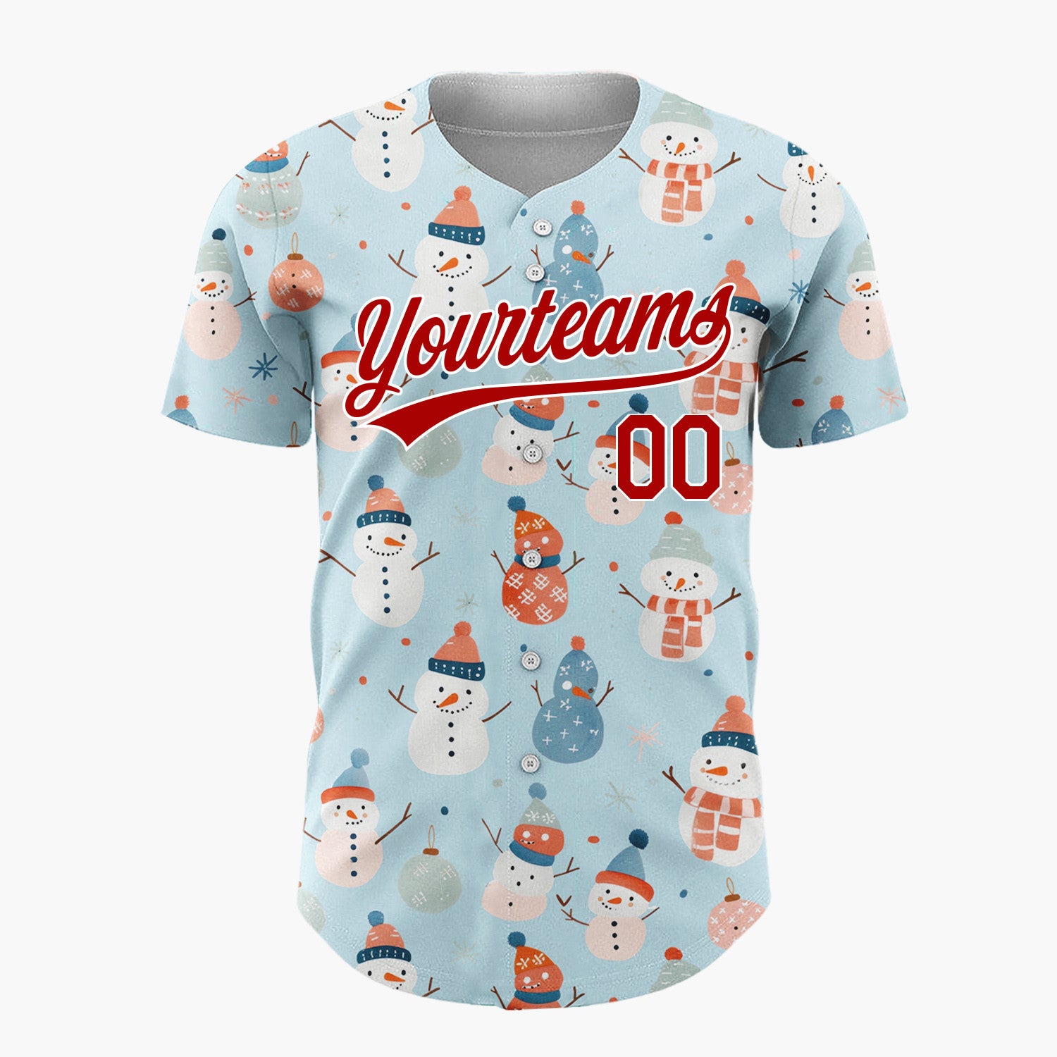 Custom Blue Pastel Snowmen And Ornaments Cute Festive Pattern Christmas Baseball Jersey