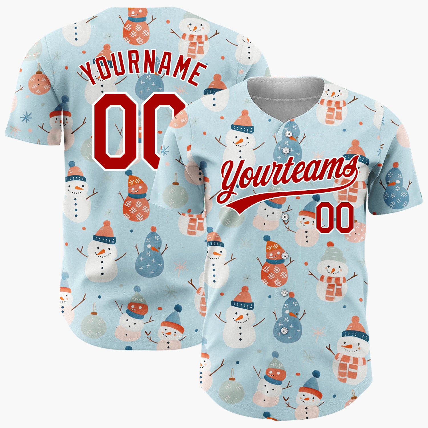 Custom Blue Pastel Snowmen And Ornaments Cute Festive Pattern Christmas Baseball Jersey
