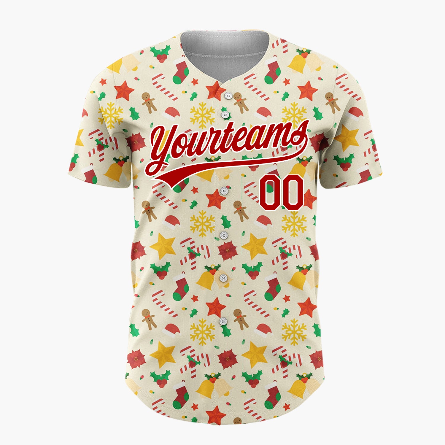 Custom Cream Red Green Stars Bells And Candy Canes Festive Christmas Baseball Jersey