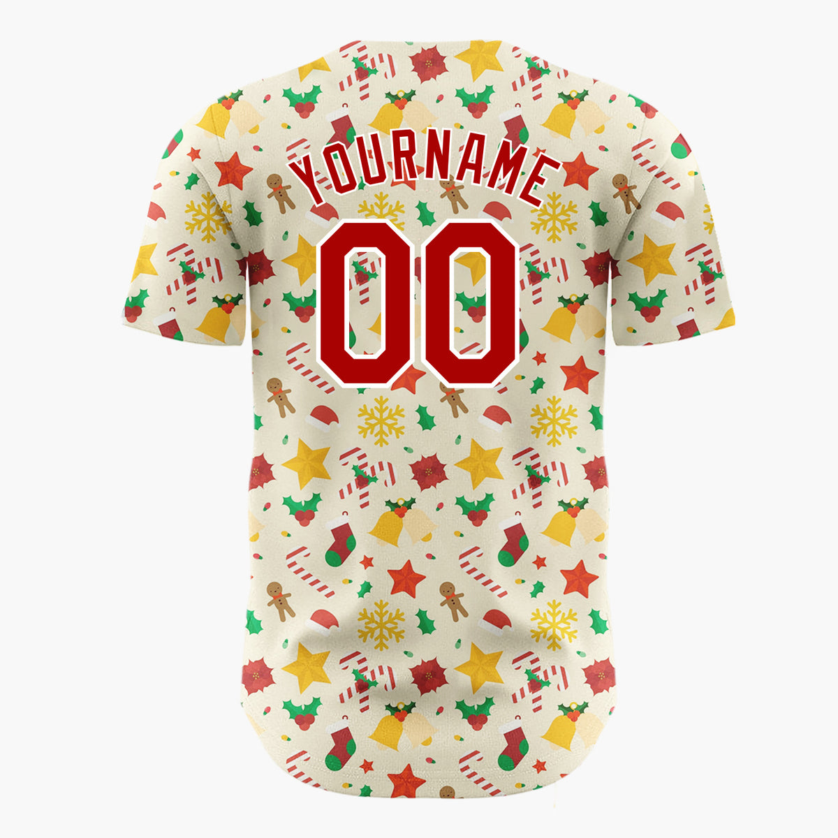 Custom Cream Red Green Stars Bells And Candy Canes Festive Christmas Baseball Jersey