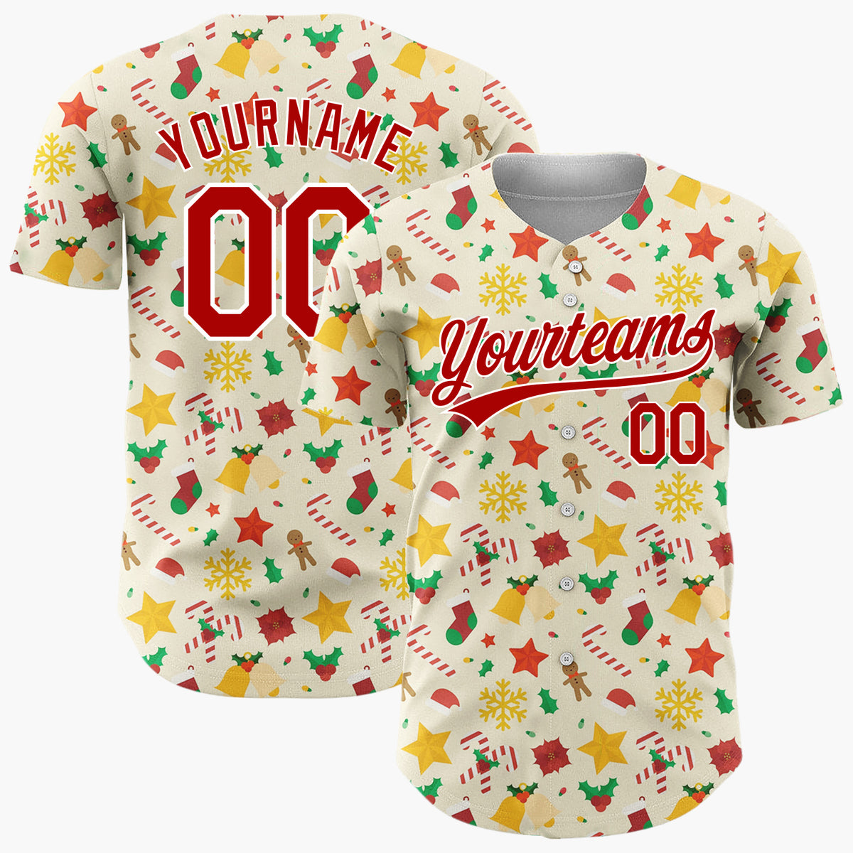 Custom Cream Red Green Stars Bells And Candy Canes Festive Christmas Baseball Jersey