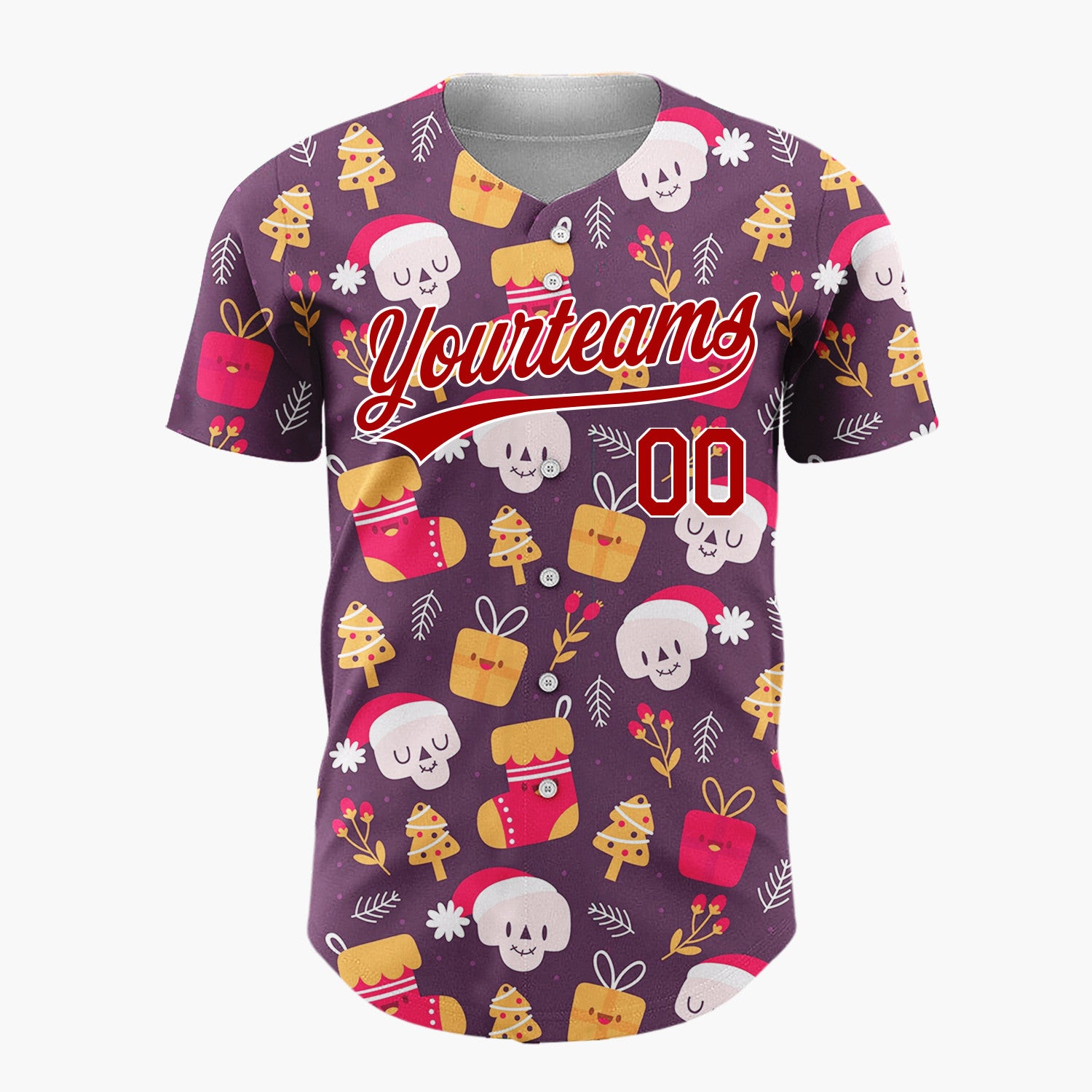 Custom Burgundy Red Yellow Skulls Gifts And Trees Funny Christmas Baseball Jersey