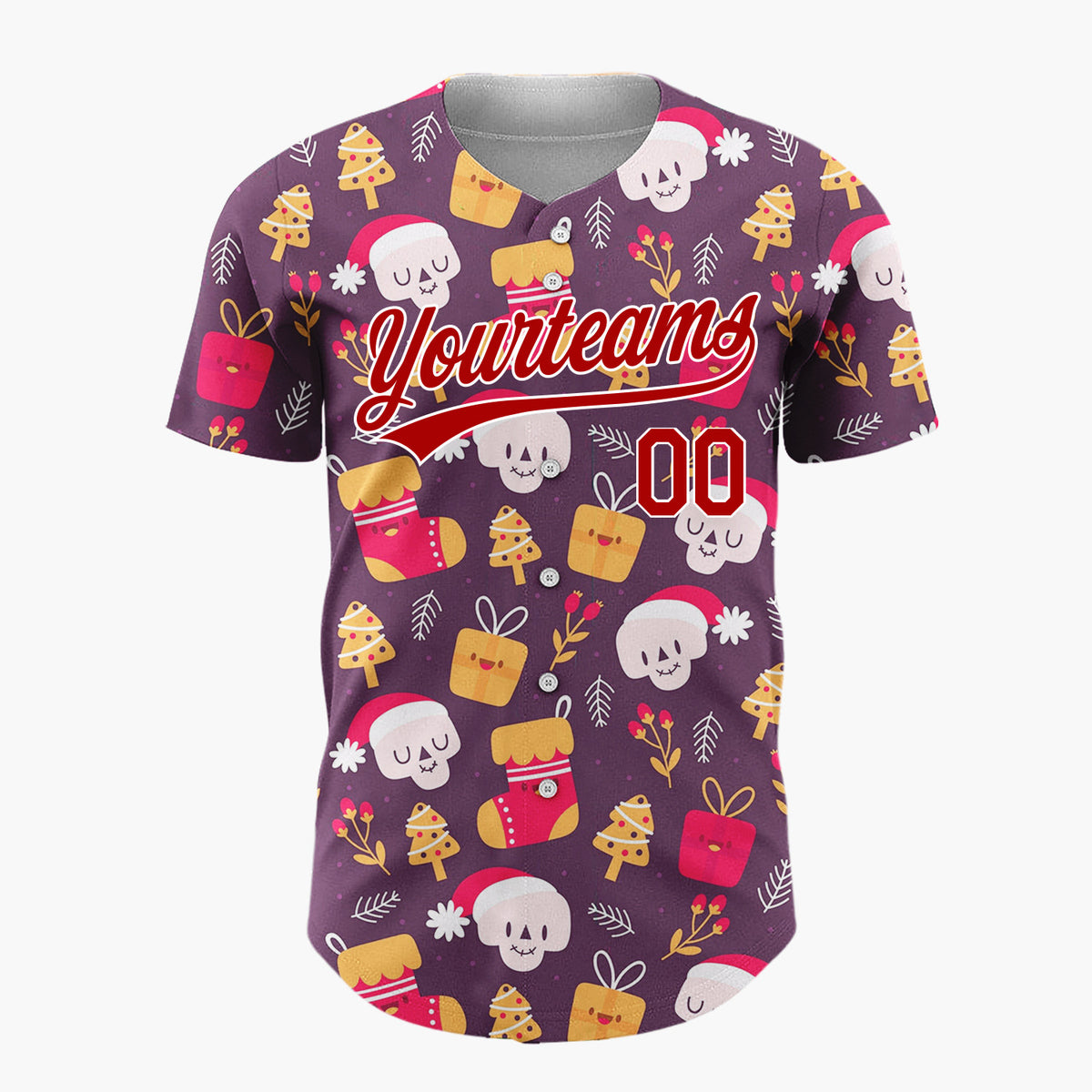 Custom Burgundy Red Yellow Skulls Gifts And Trees Funny Christmas Baseball Jersey