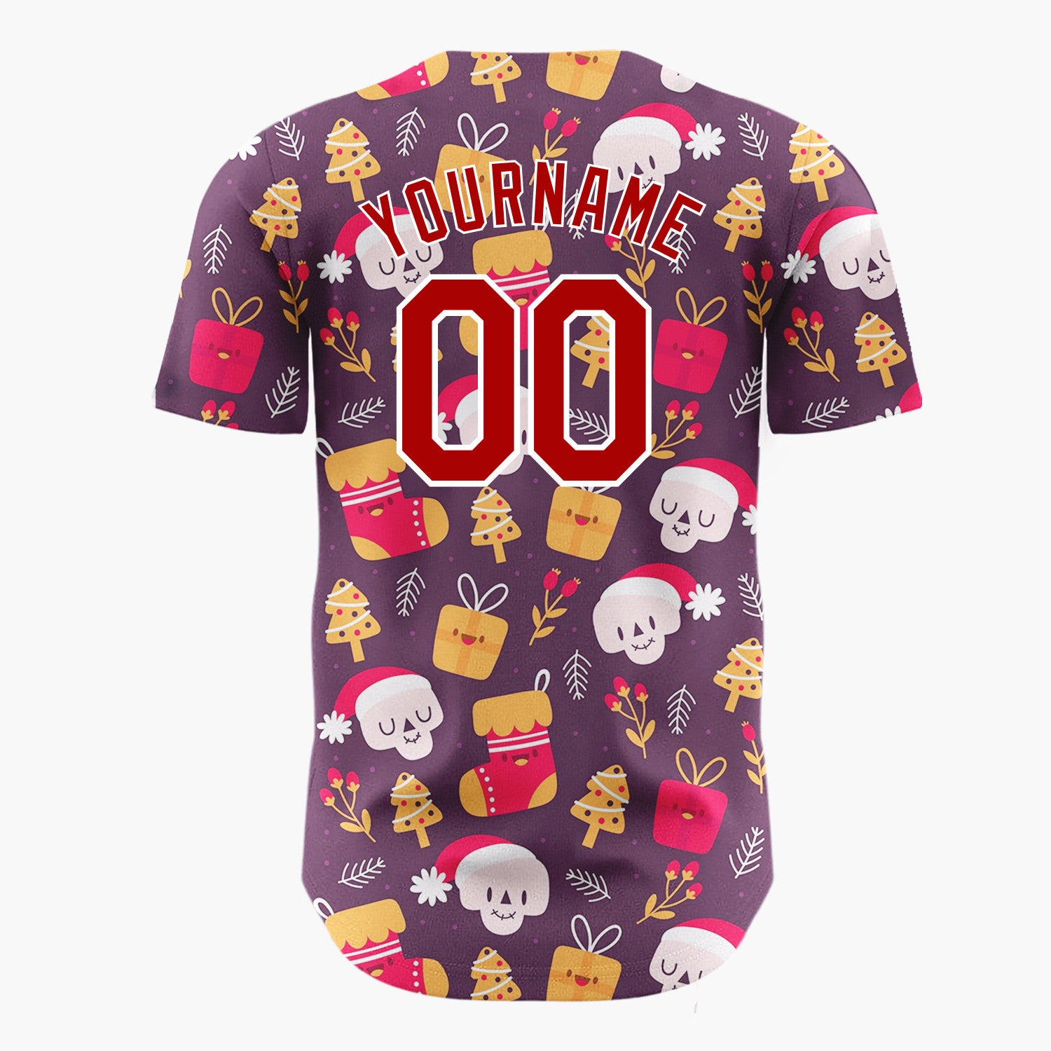 Custom Burgundy Red Yellow Skulls Gifts And Trees Funny Christmas Baseball Jersey
