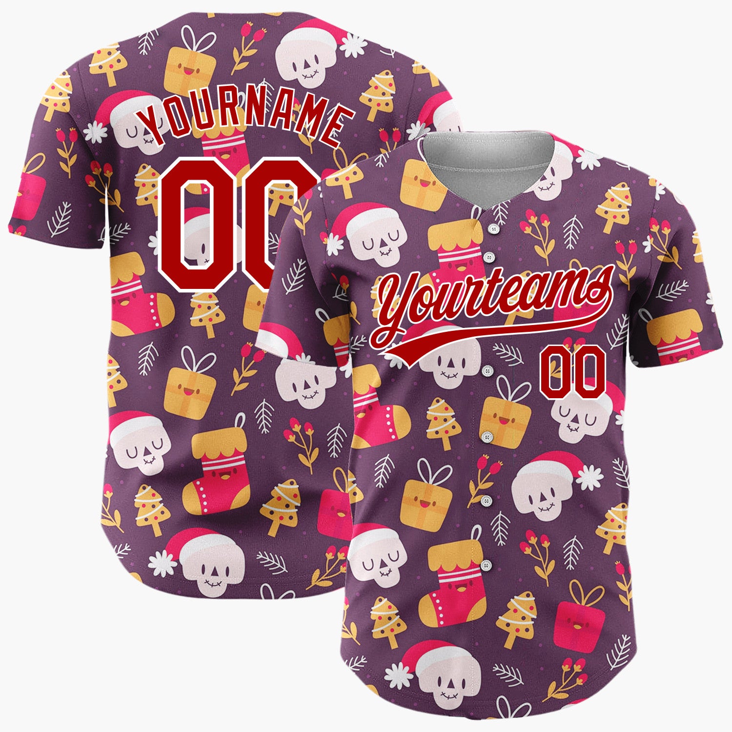 Custom Burgundy Red Yellow Skulls Gifts And Trees Funny Christmas Baseball Jersey