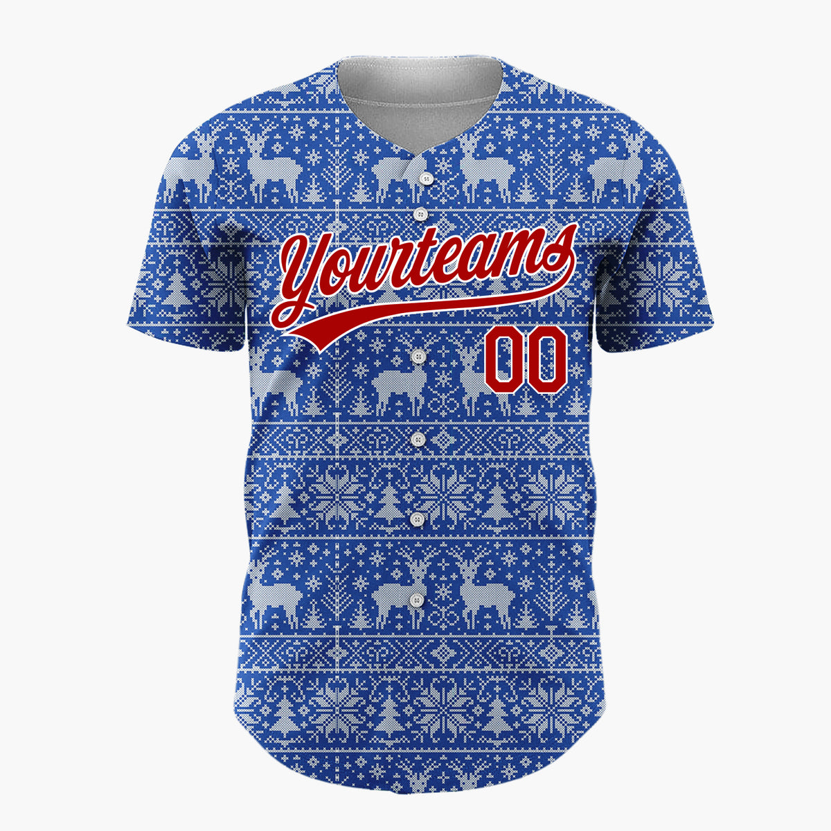 Custom Blue Reindeer Snowflake Bands Fair Isle Knitted Pattern Christmas Baseball Jersey