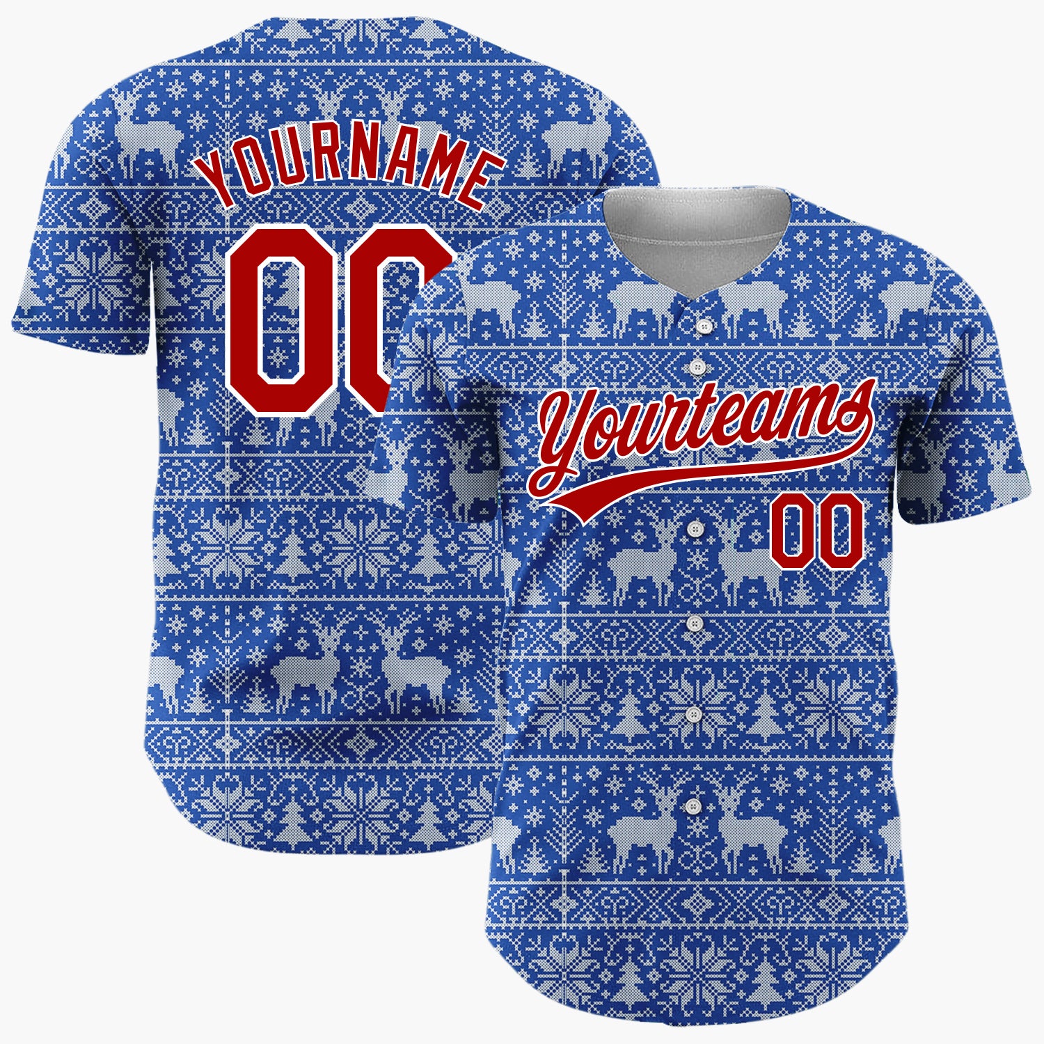 Custom Blue Reindeer Snowflake Bands Fair Isle Knitted Pattern Christmas Baseball Jersey