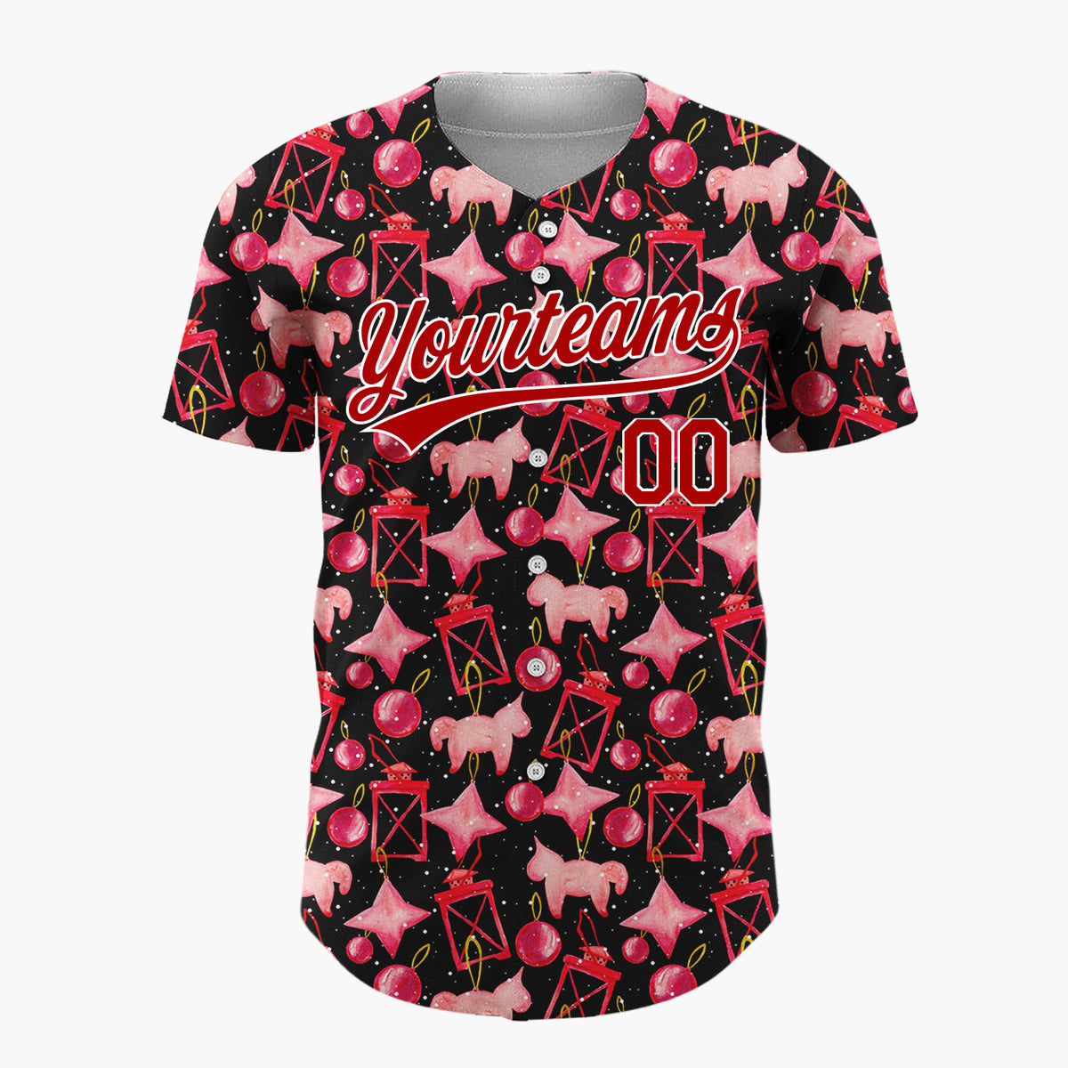 Custom Black Red Ornament And Horse Watercolor Pattern Christmas Baseball Jersey