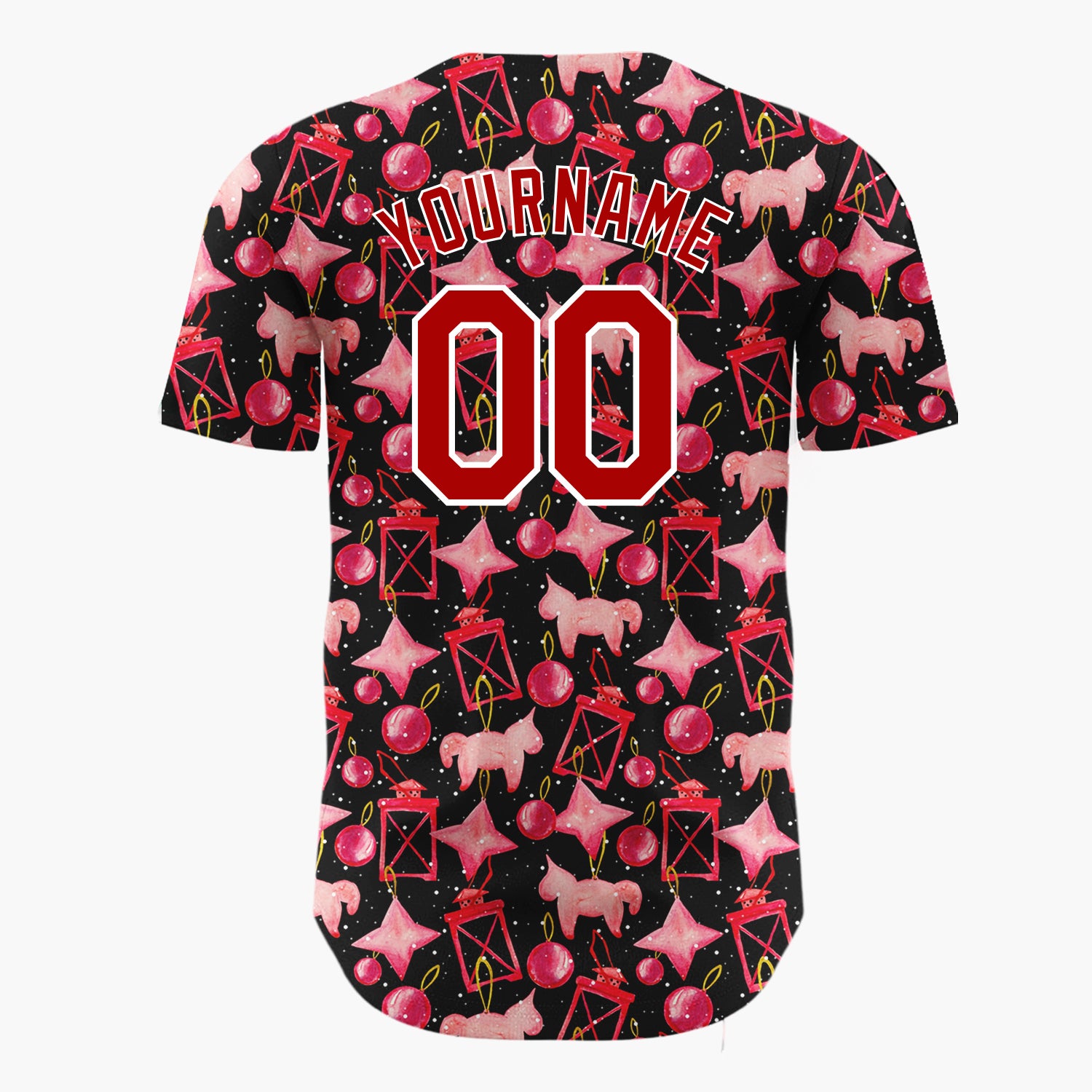 Custom Black Red Ornament And Horse Watercolor Pattern Christmas Baseball Jersey