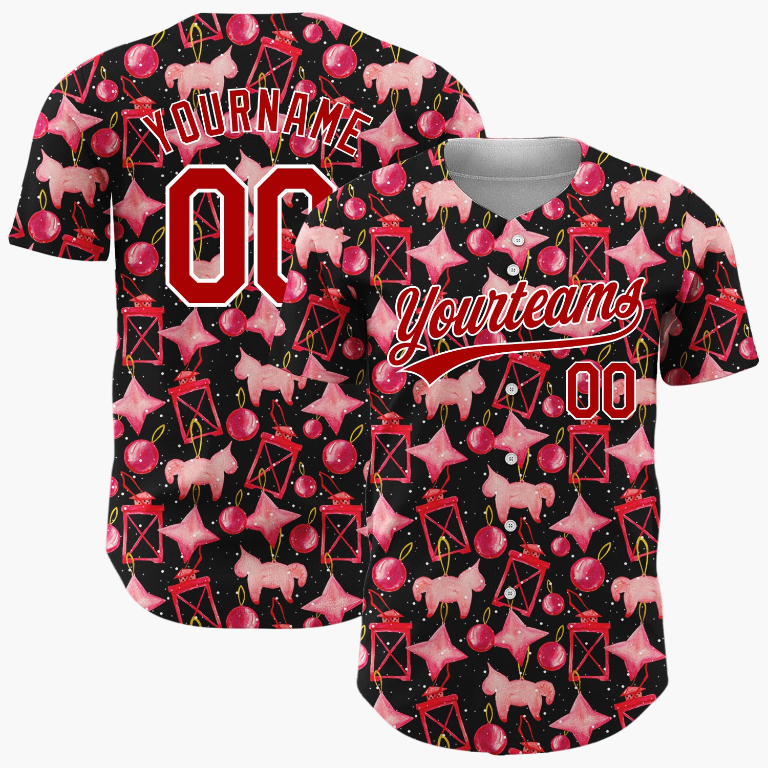 Custom Black Red Ornament And Horse Watercolor Pattern Christmas Baseball Jersey