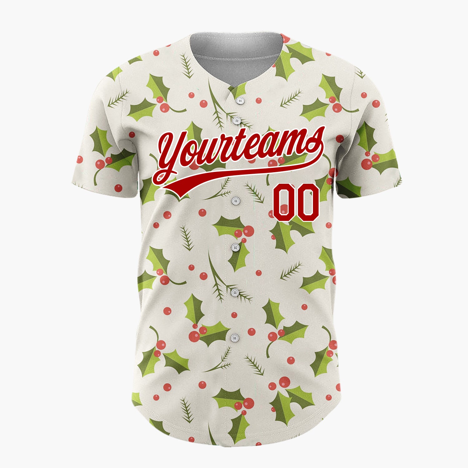 Custom Cream Green Holly Leaves And Berries Traditional Christmas Baseball Jersey