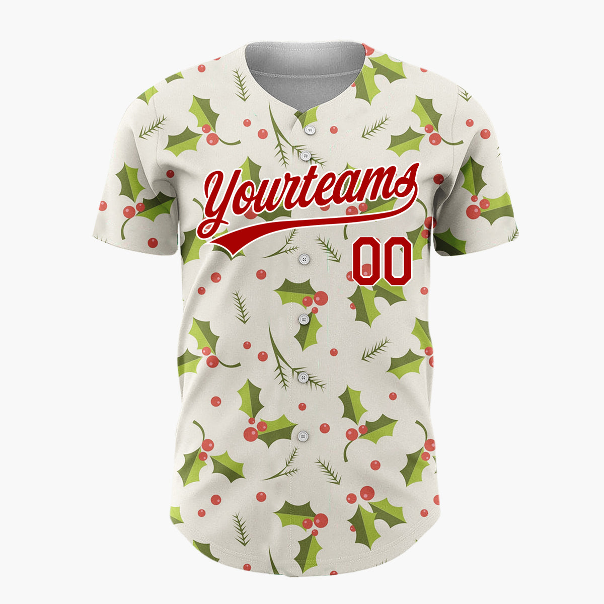 Custom Cream Green Holly Leaves And Berries Traditional Christmas Baseball Jersey
