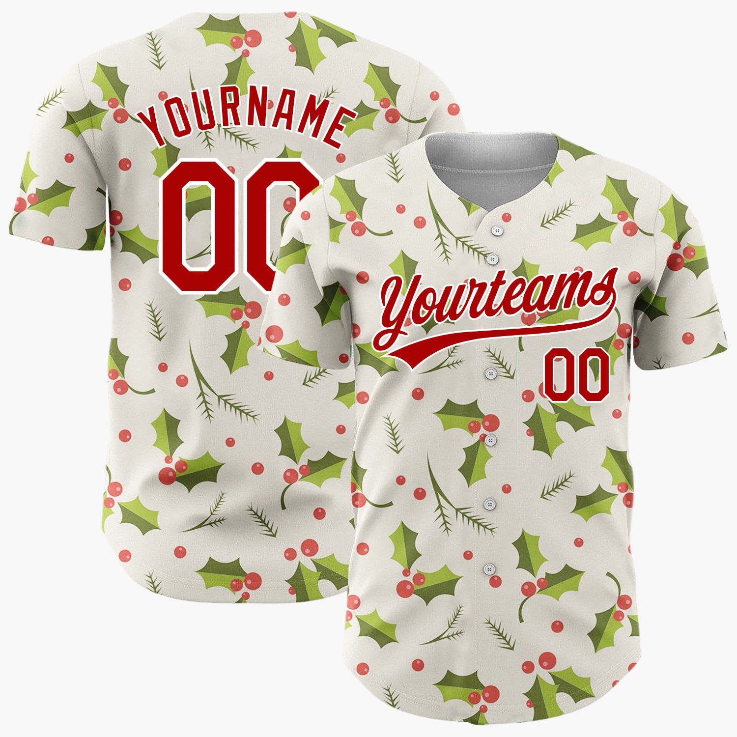 Custom Cream Green Holly Leaves And Berries Traditional Christmas Baseball Jersey