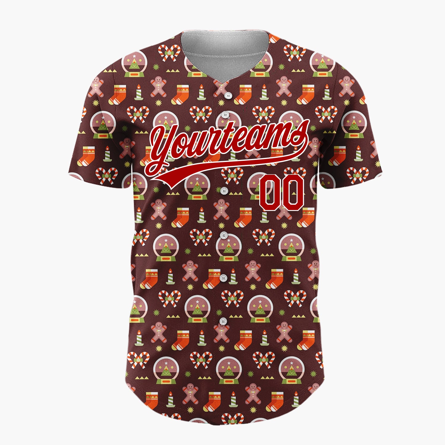 Custom Brown Red Gingerbread Man Snow Globe Candy Cane Christmas Baseball Jersey