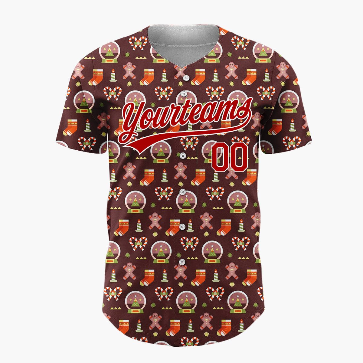 Custom Brown Red Gingerbread Man Snow Globe Candy Cane Christmas Baseball Jersey
