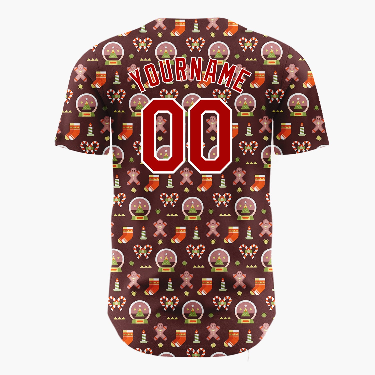 Custom Brown Red Gingerbread Man Snow Globe Candy Cane Christmas Baseball Jersey