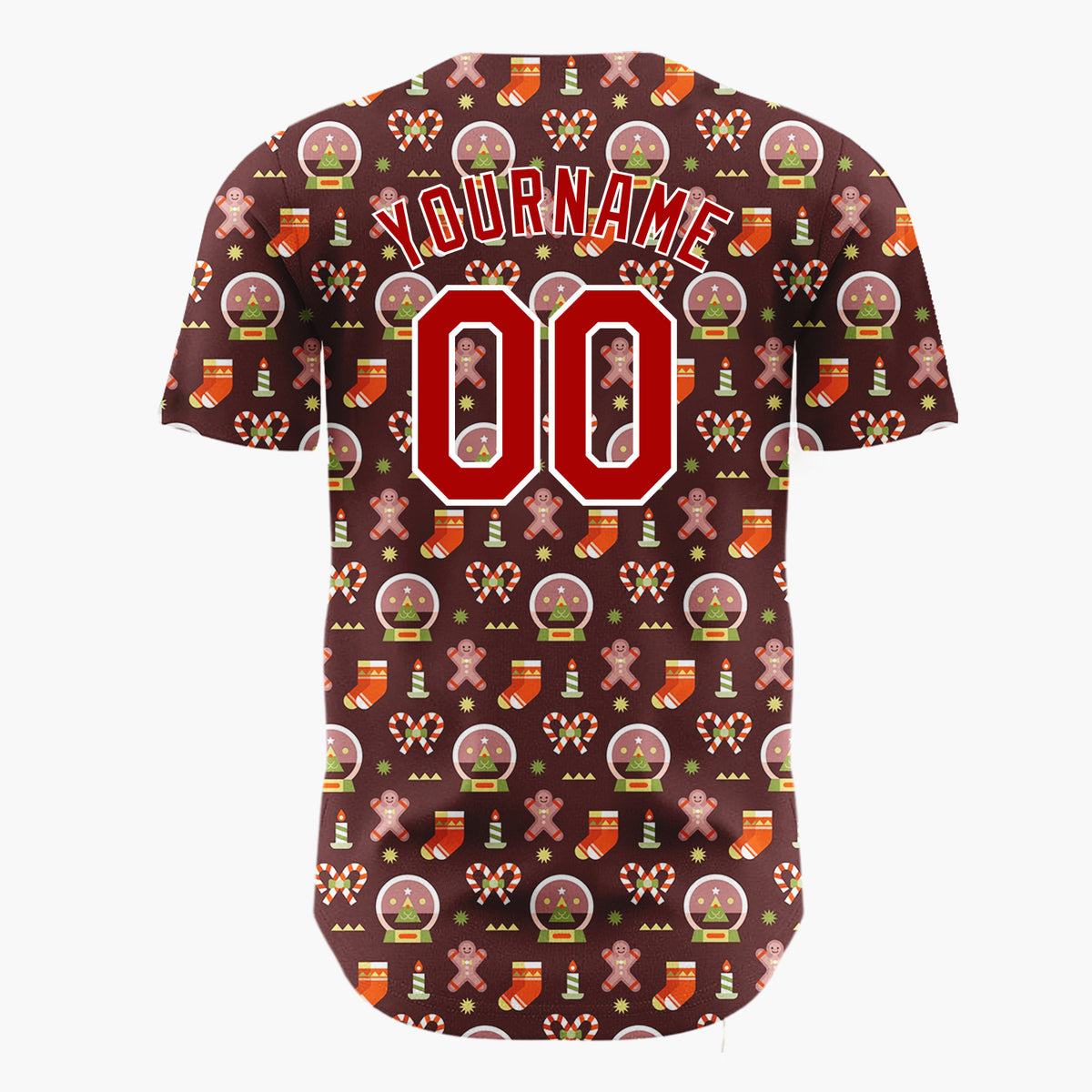 Custom Brown Red Gingerbread Man Snow Globe Candy Cane Christmas Baseball Jersey