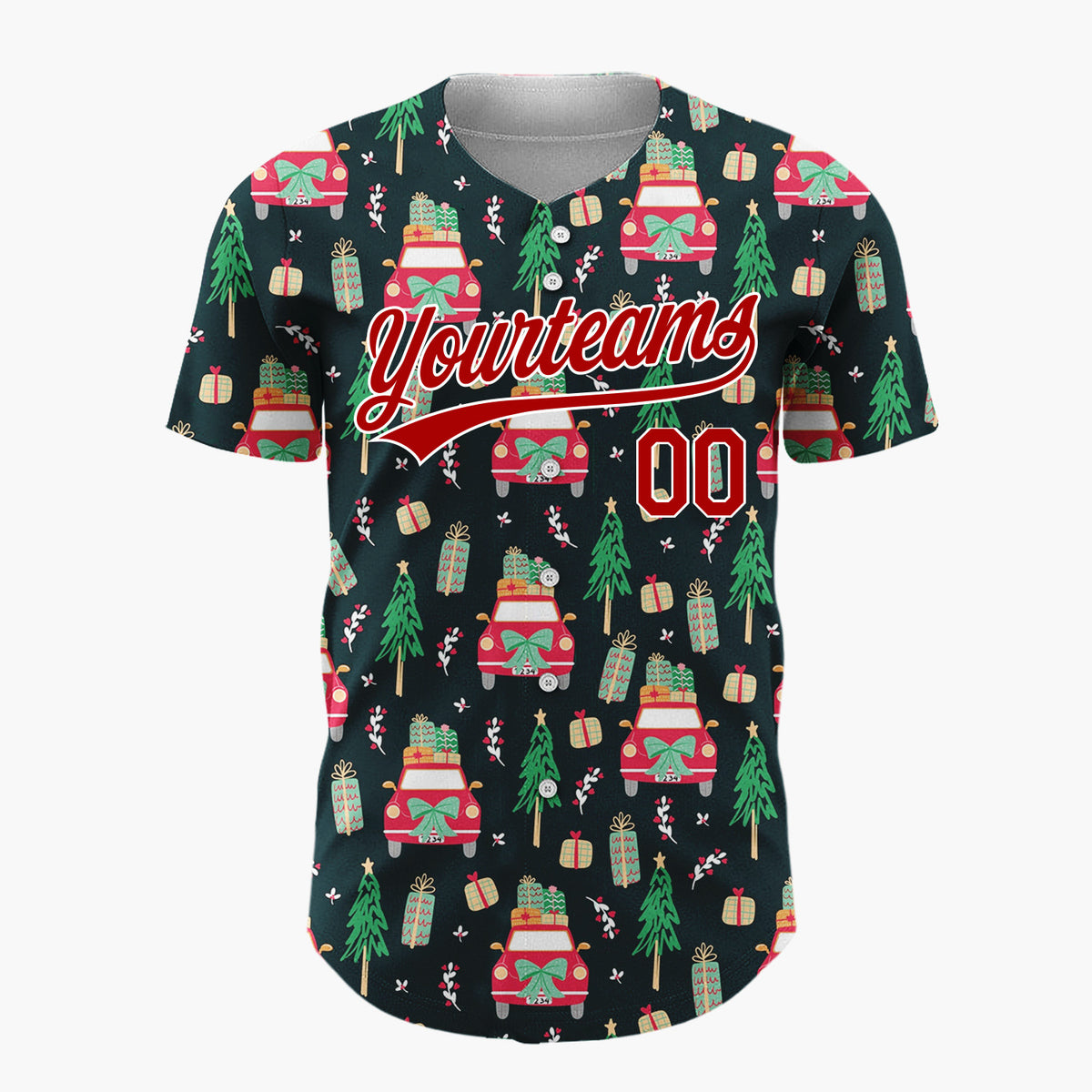 Custom Black Red Cars Gifts And Trees Cozy Christmas Road Trip Pattern Christmas Baseball Jersey