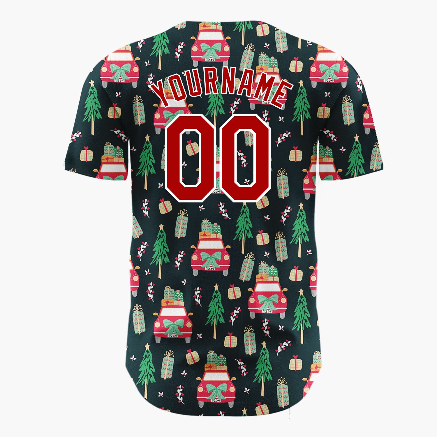 Custom Black Red Cars Gifts And Trees Cozy Christmas Road Trip Pattern Christmas Baseball Jersey