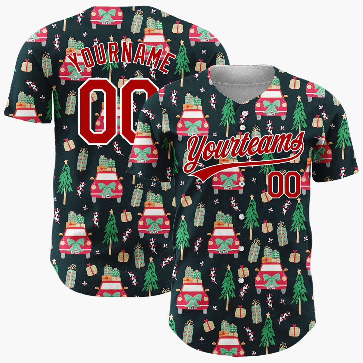Custom Black Red Cars Gifts And Trees Cozy Christmas Road Trip Pattern Christmas Baseball Jersey