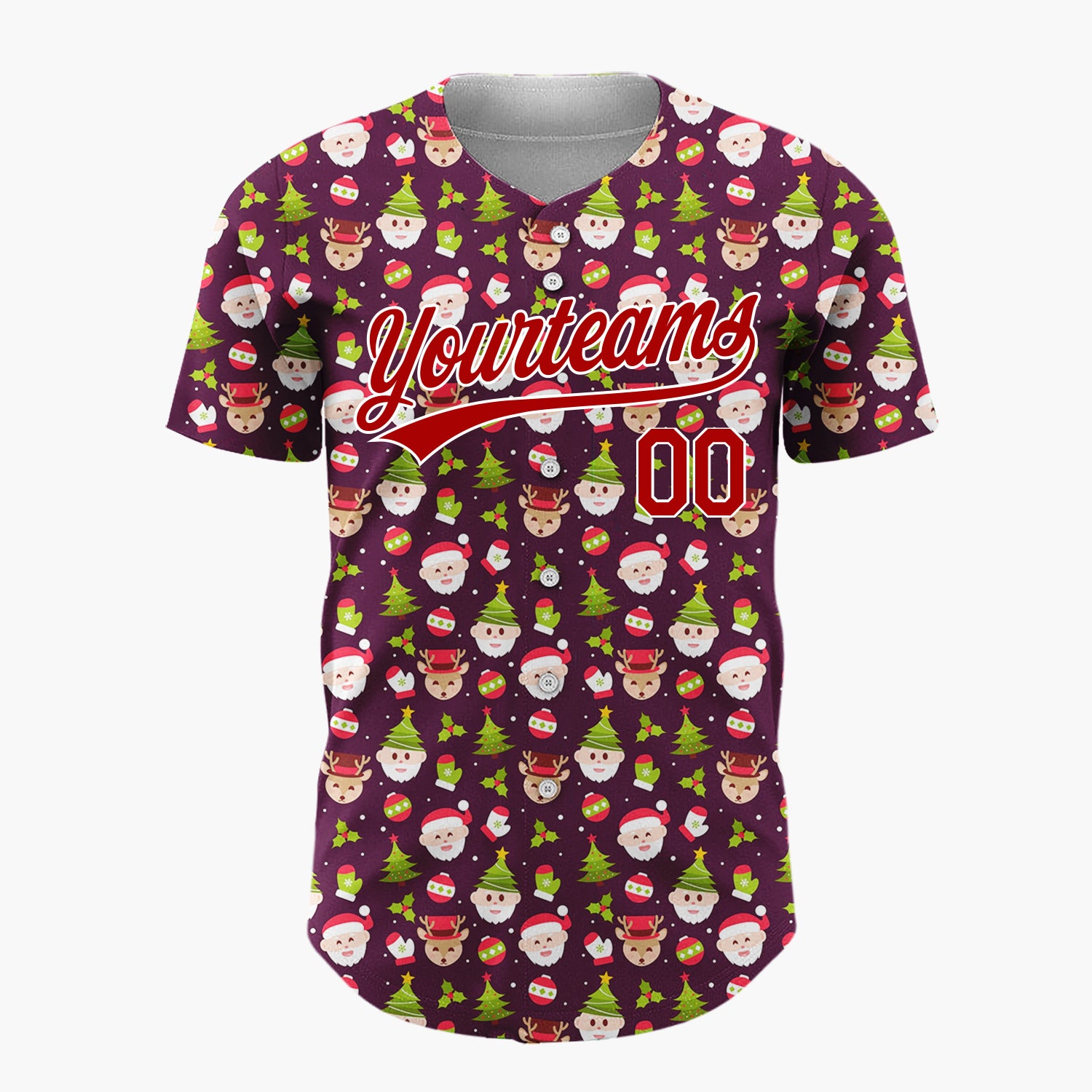 Custom Burgundy Green Red Santa Reindeer And Christmas Trees Cute Holiday Pattern Christmas Baseball Jersey