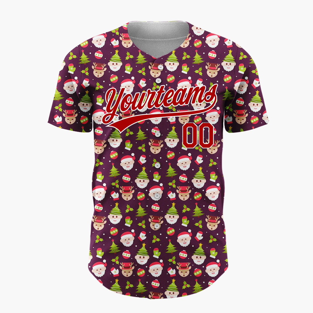 Custom Burgundy Green Red Santa Reindeer And Christmas Trees Cute Holiday Pattern Christmas Baseball Jersey