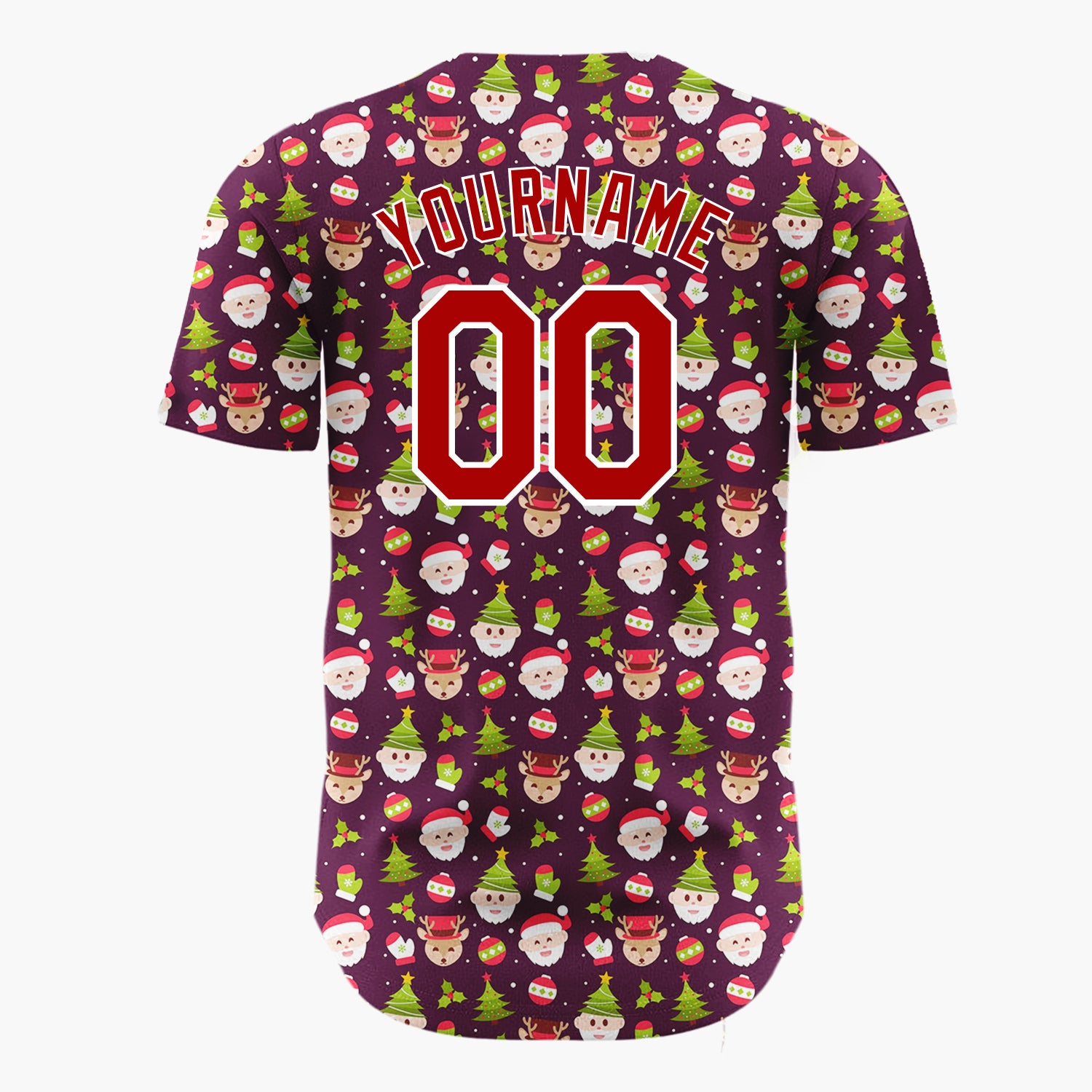 Custom Burgundy Green Red Santa Reindeer And Christmas Trees Cute Holiday Pattern Christmas Baseball Jersey