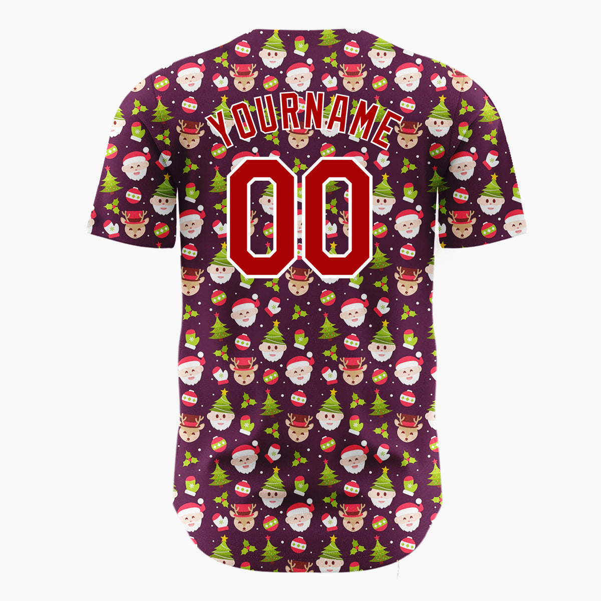 Custom Burgundy Green Red Santa Reindeer And Christmas Trees Cute Holiday Pattern Christmas Baseball Jersey