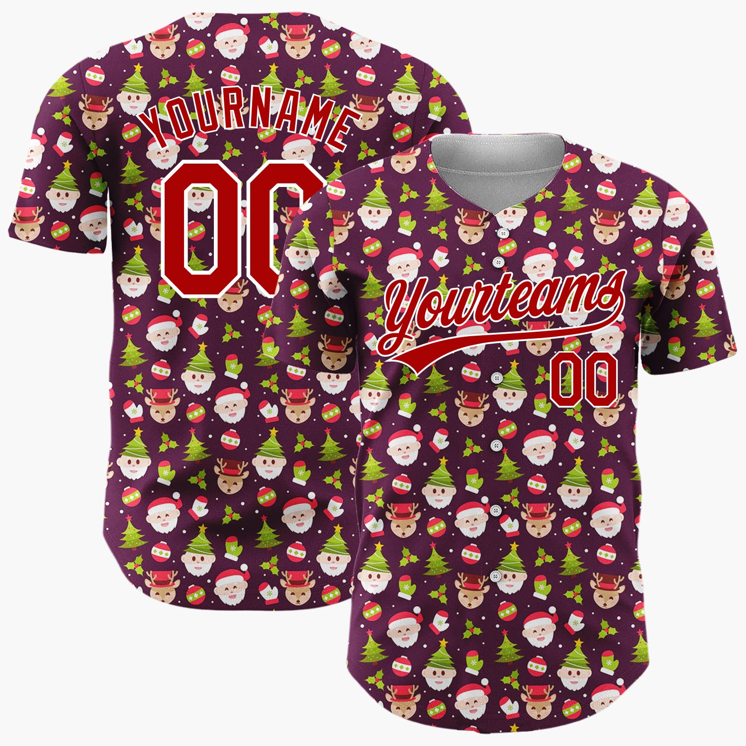 Custom Burgundy Green Red Santa Reindeer And Christmas Trees Cute Holiday Pattern Christmas Baseball Jersey