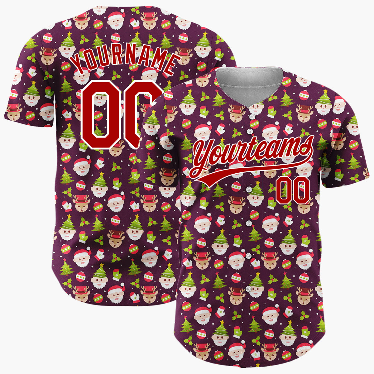 Custom Burgundy Green Red Santa Reindeer And Christmas Trees Cute Holiday Pattern Christmas Baseball Jersey