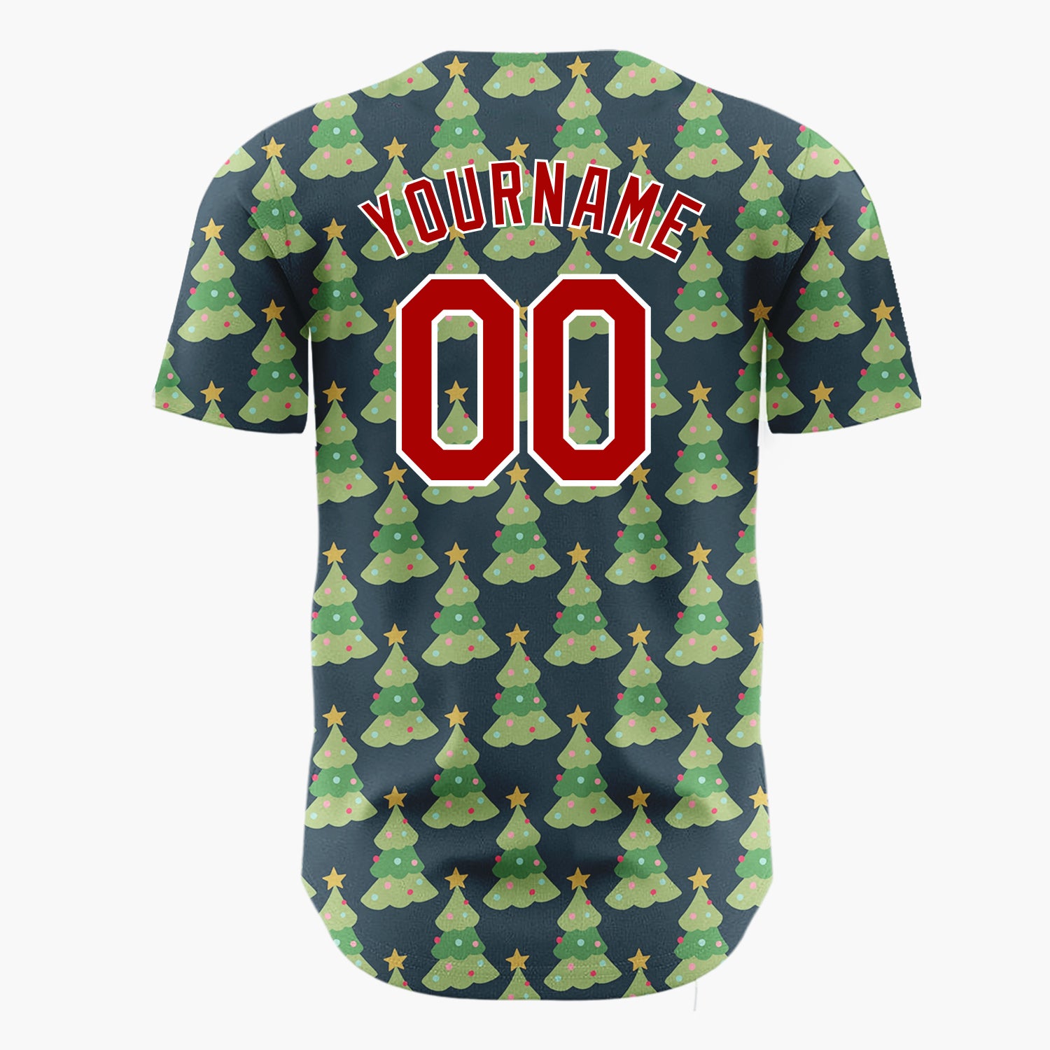 Custom Dark Blue Decorated Christmas Trees Repeat Pattern Christmas Baseball Jersey