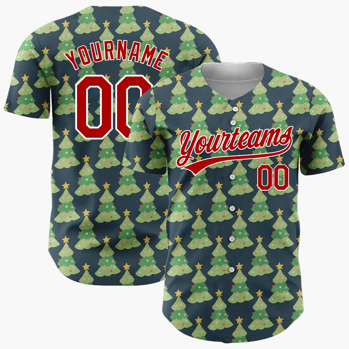 Custom Dark Blue Decorated Christmas Trees Repeat Pattern Christmas Baseball Jersey