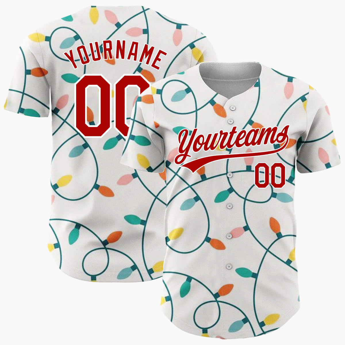 Custom Cream Tangled Colorful Christmas Lights Whimsical Christmas Baseball Jersey