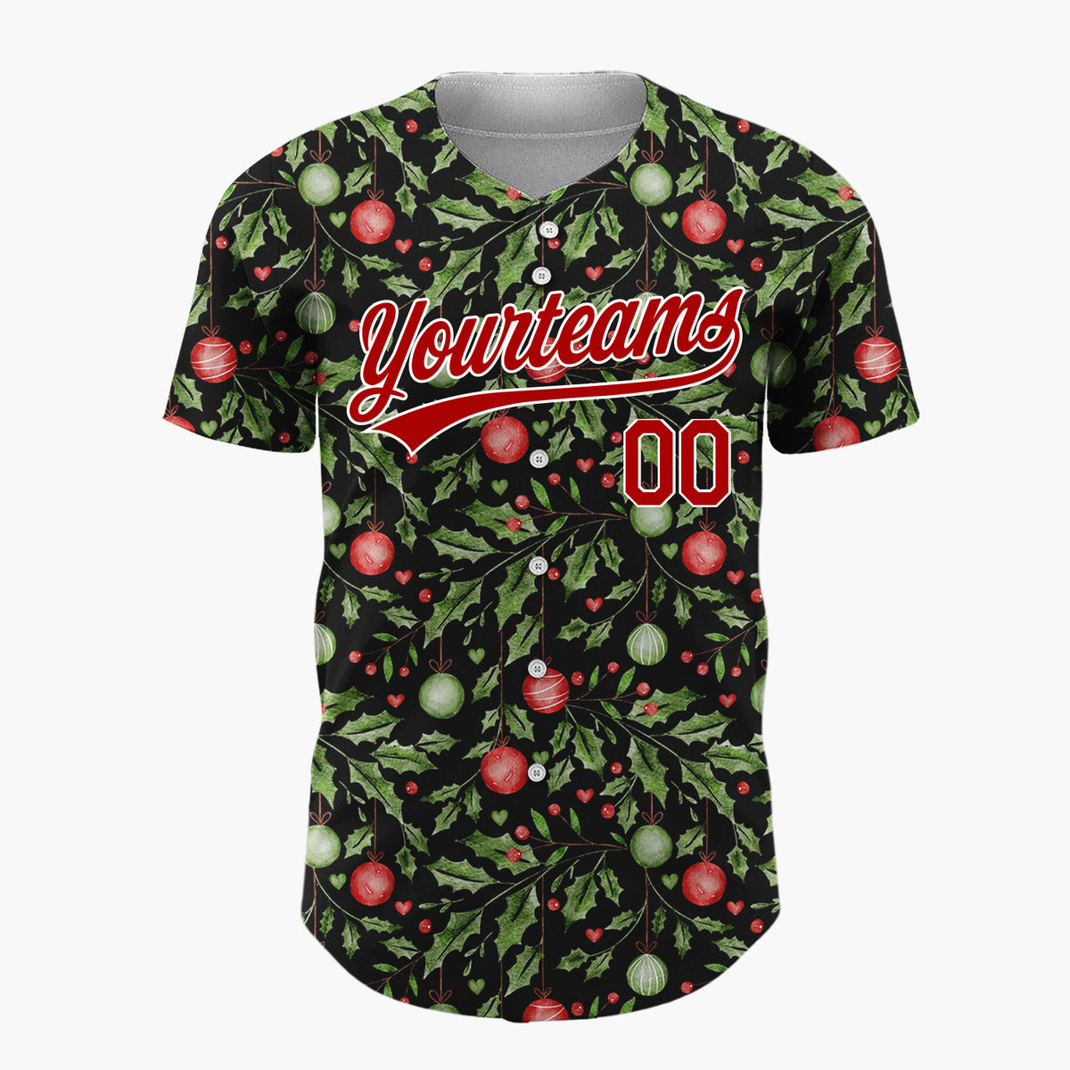 Custom Black Holly Leaves And Ornaments Watercolor Christmas Baseball Jersey