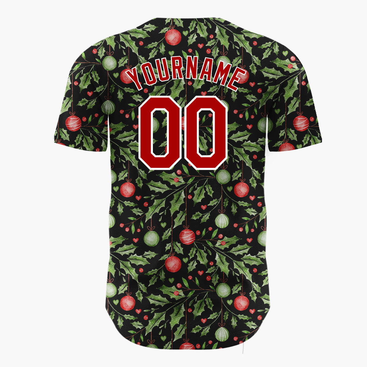 Custom Black Holly Leaves And Ornaments Watercolor Christmas Baseball Jersey