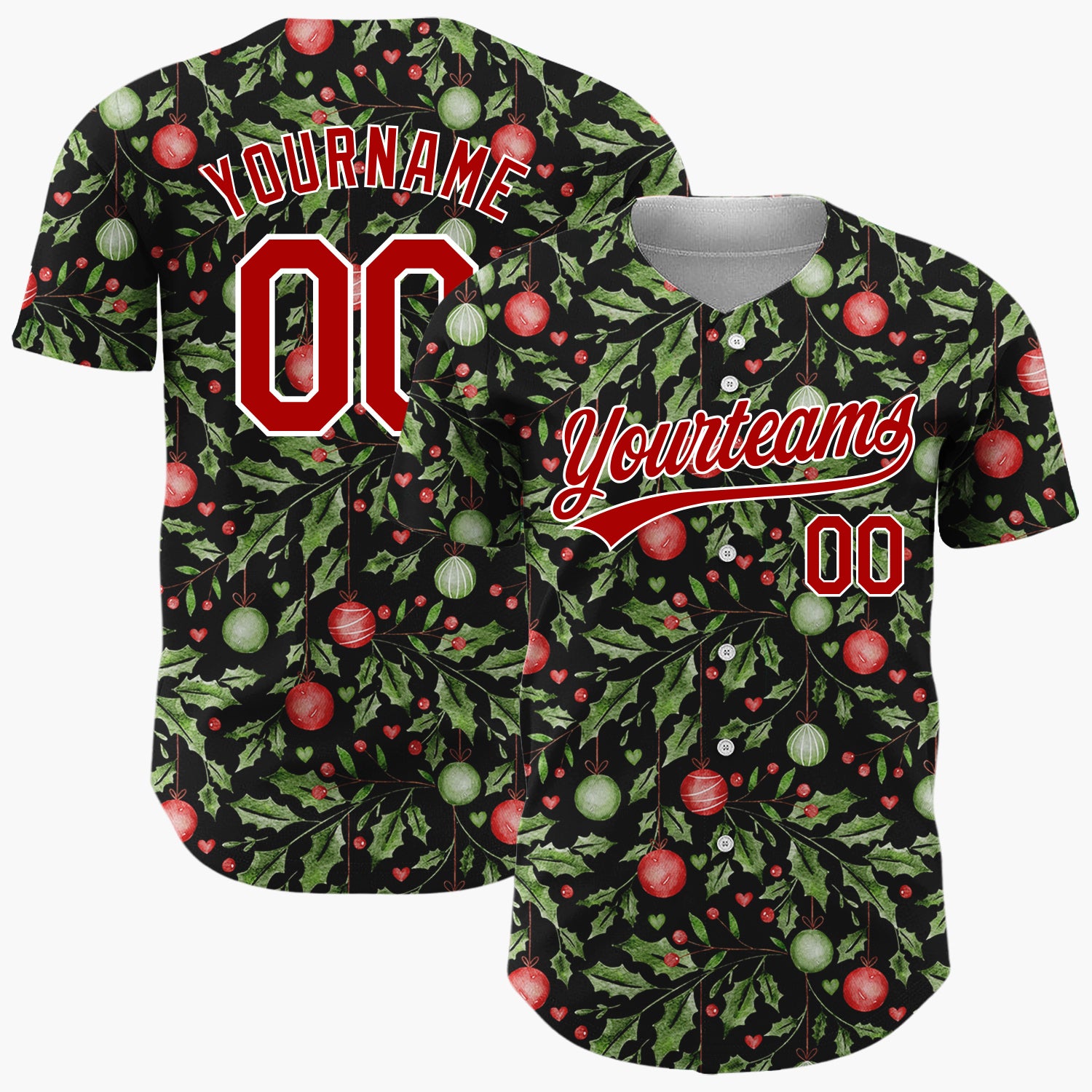 Custom Black Holly Leaves And Ornaments Watercolor Christmas Baseball Jersey