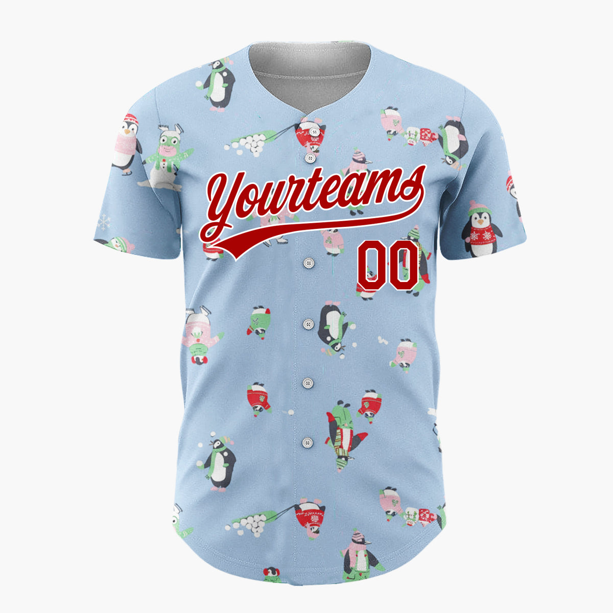 Custom Blue Green Penguins Monsters And Snowballs Fun Winter Pattern Christmas Baseball Jersey