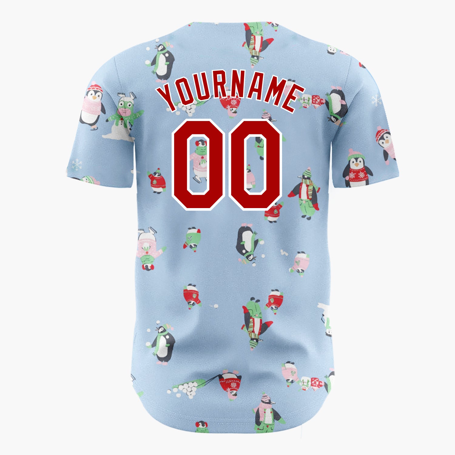 Custom Blue Green Penguins Monsters And Snowballs Fun Winter Pattern Christmas Baseball Jersey