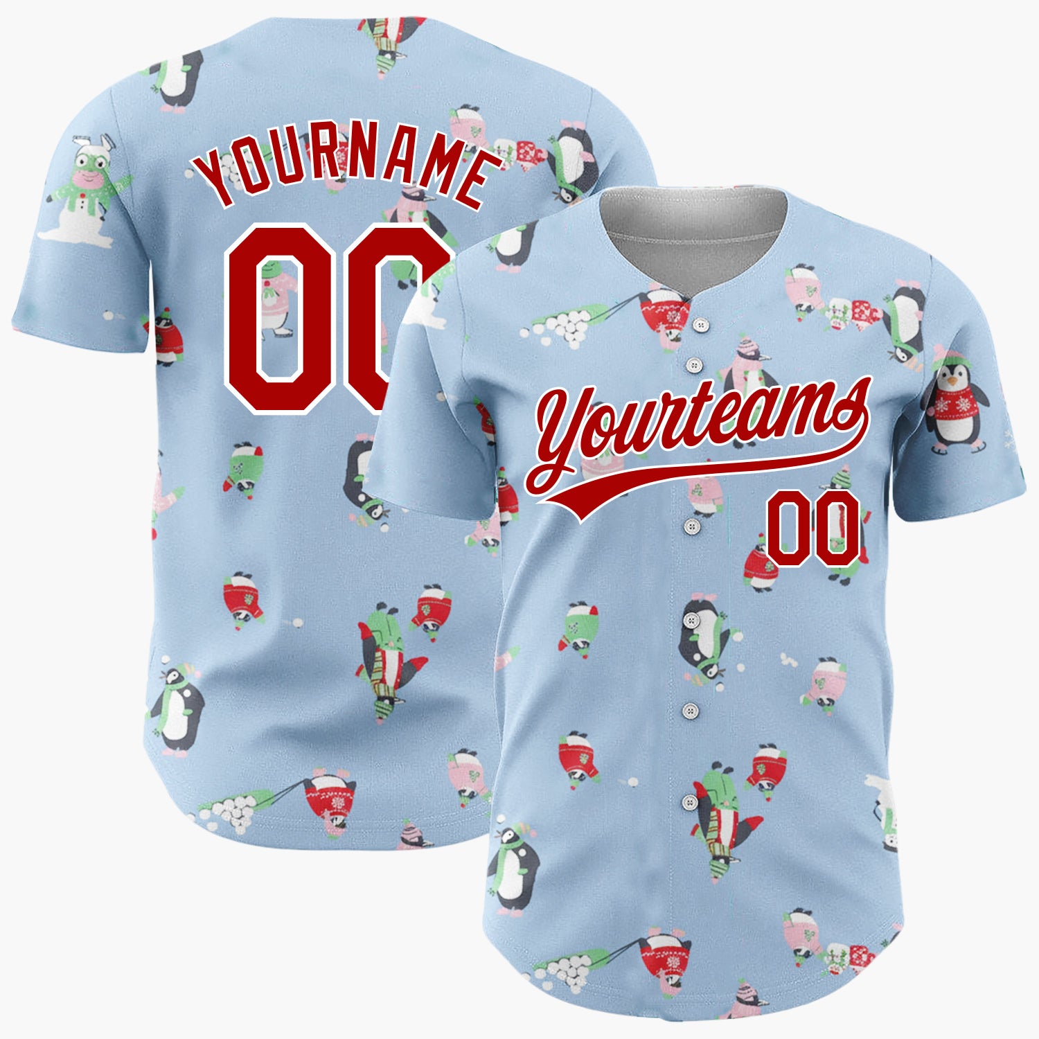Custom Blue Green Penguins Monsters And Snowballs Fun Winter Pattern Christmas Baseball Jersey
